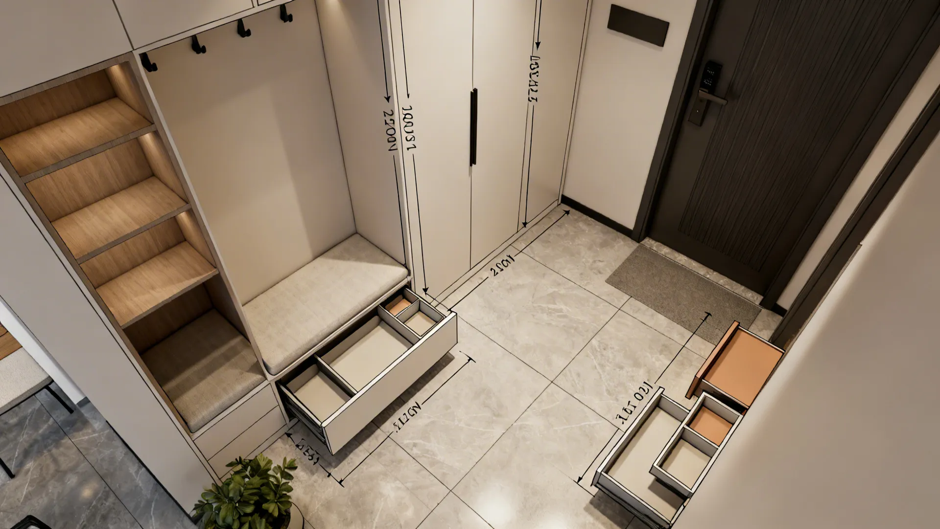 Top-down planning diagram showing layout zones and dimensions for small entryway shoe storage.