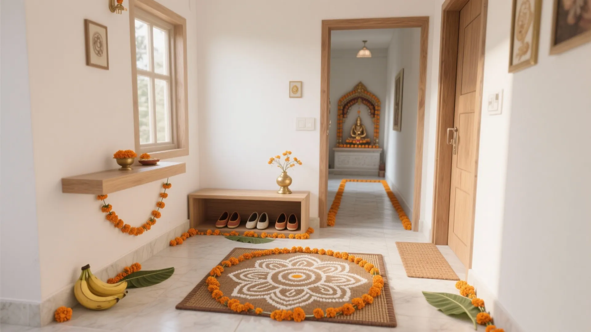 Bright home entrance with flower pattern mat marigold garlands wooden shoe rack and small prayer