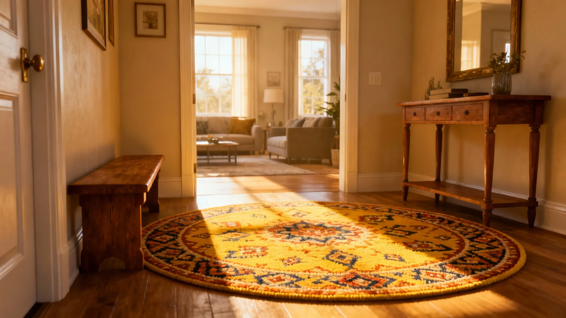 Patterned round rug anchoring a foyer seating area and console near a living room entry.