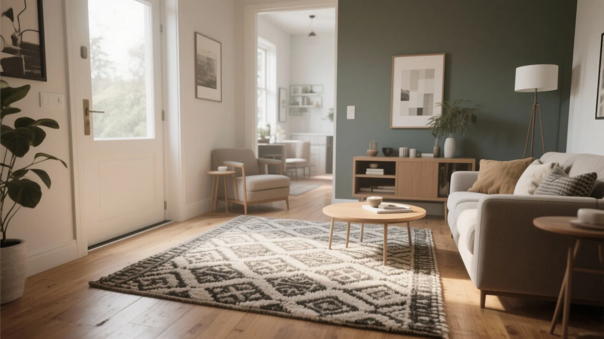 Small living room entry area with a bold textured rug