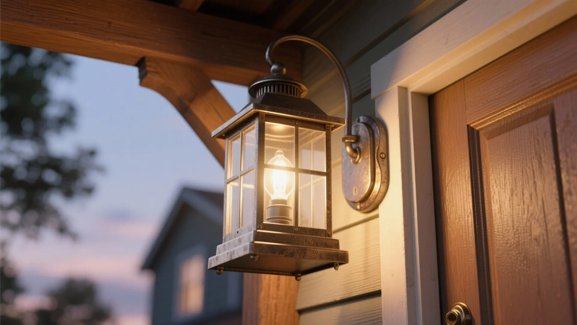 Vintage outdoor wall light with glass panels fixed next to a wooden front house door