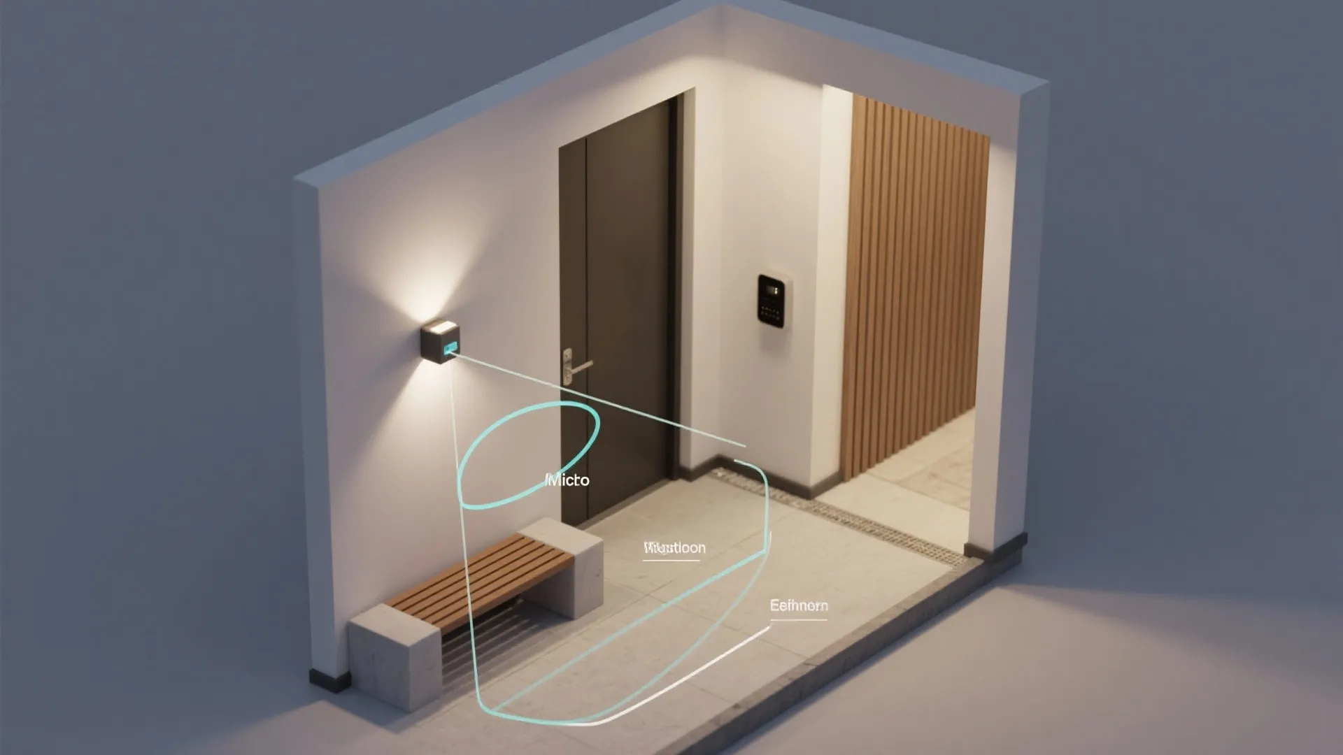 Interior design drawing showing entryway with wall light sensor detecting motion near the front door