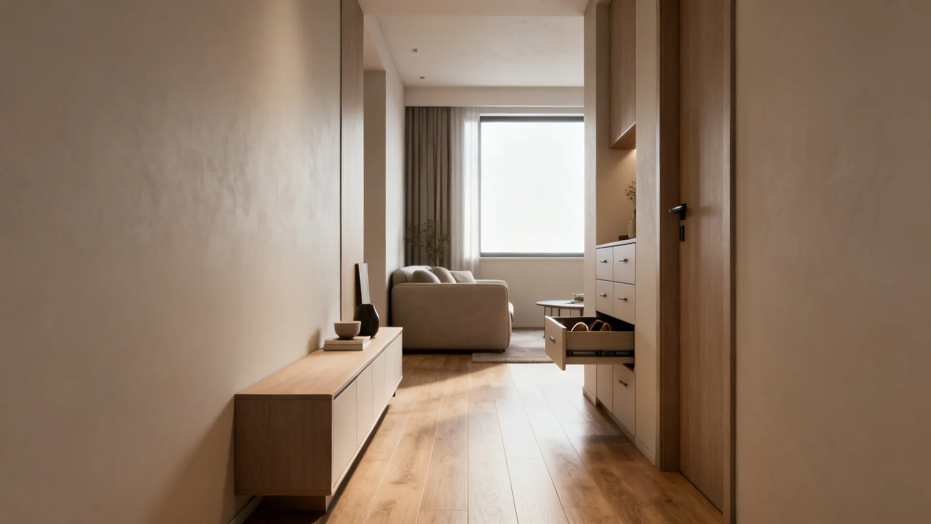 Entry view into a small living room with a clear walkway and a slim console for storage.