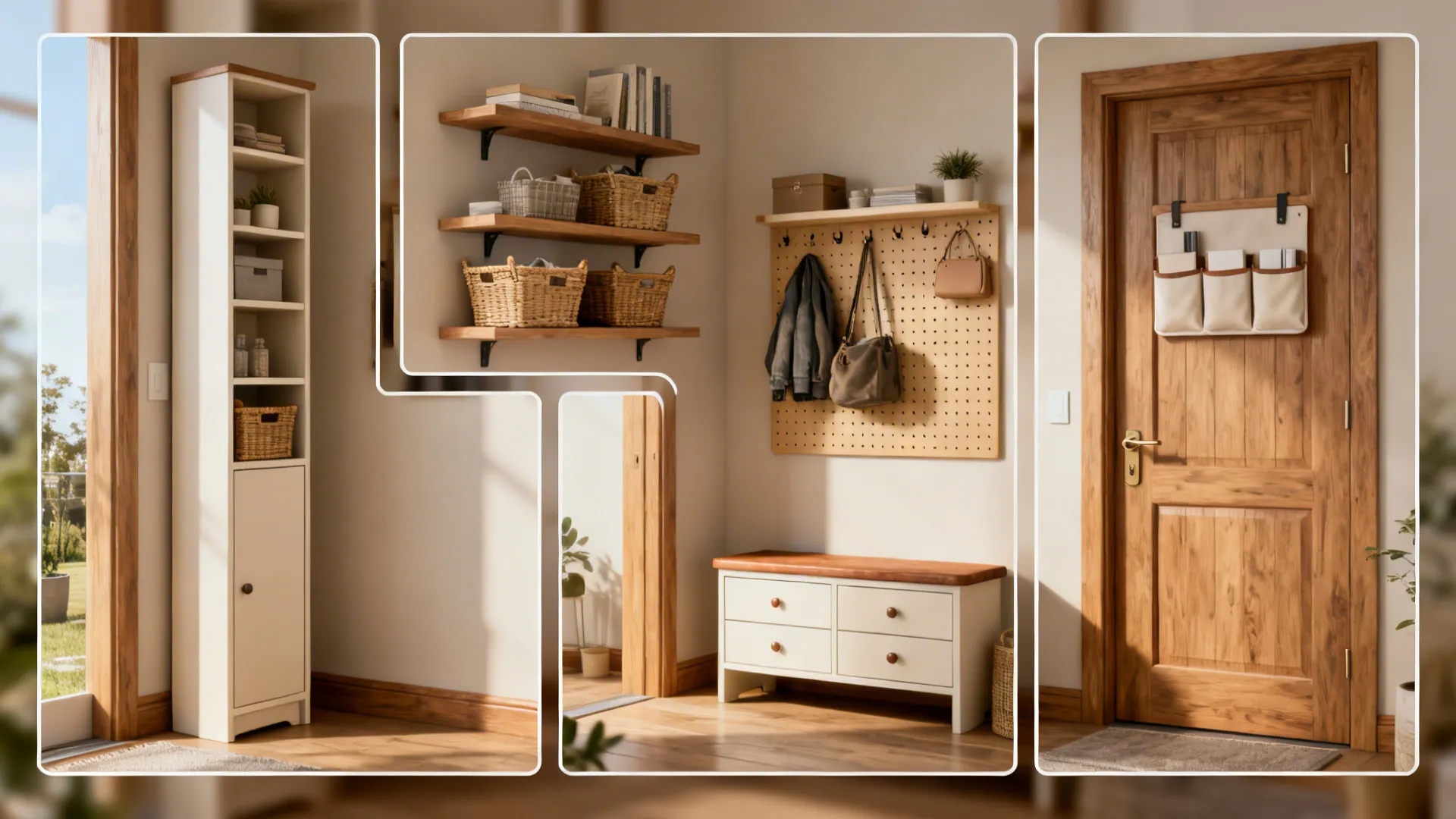 Collage of small entryway storage solutions including cabinets, shelves with baskets, bench, pegboard, and over-the-door pockets.