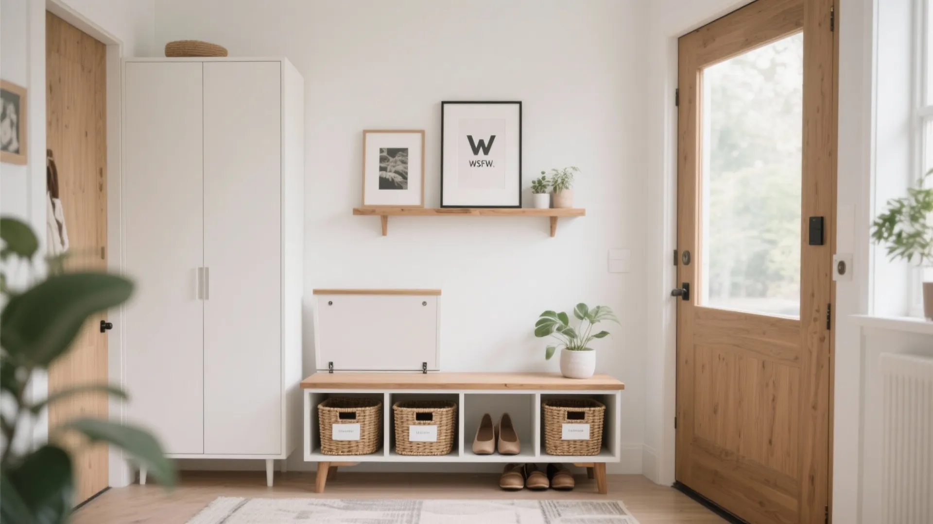 Bright entryway with white tall cabinet wooden storage bench woven baskets and a glass door