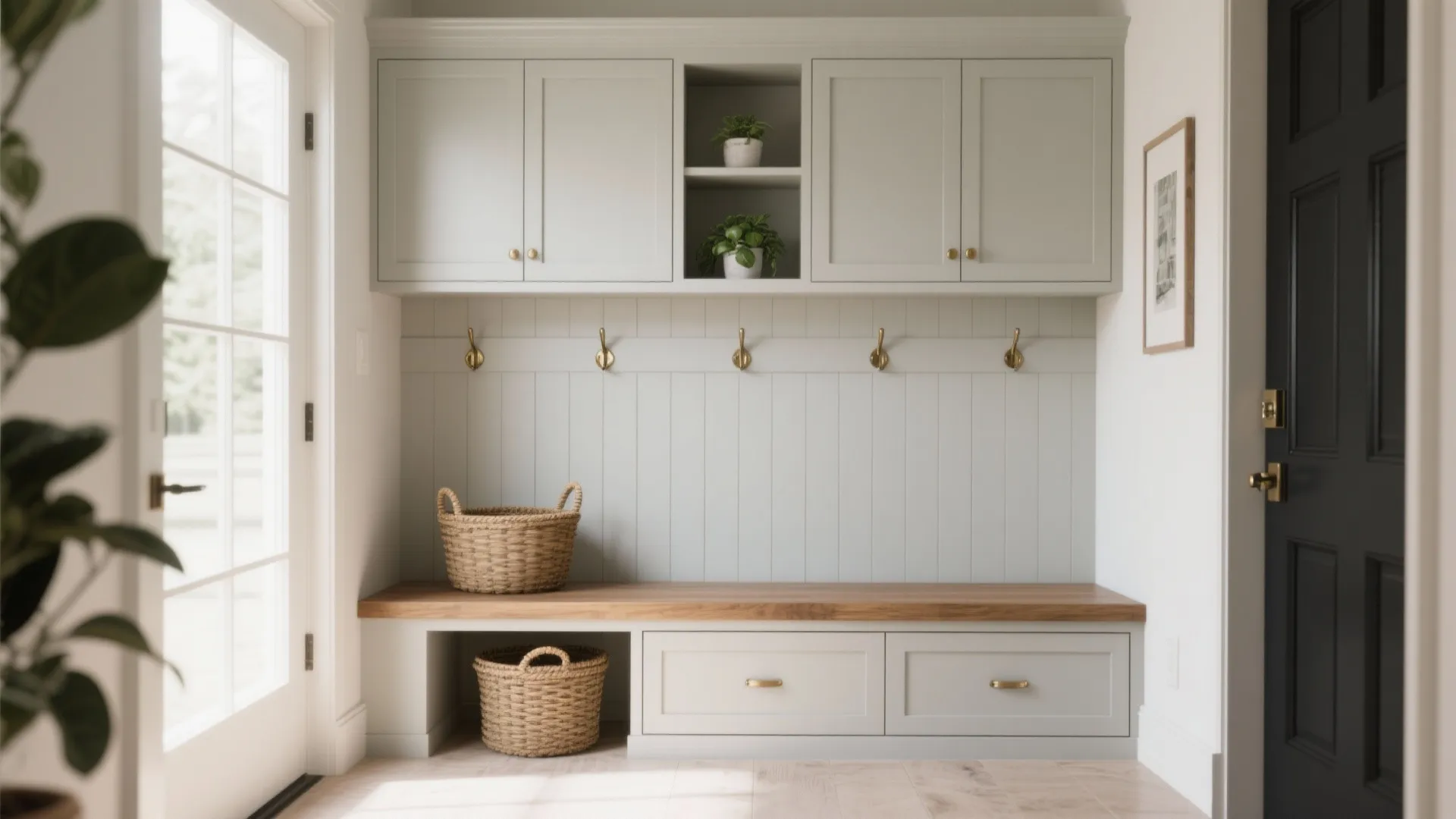 Modern entryway with white cabinets wood bench gold hooks woven baskets and a black door