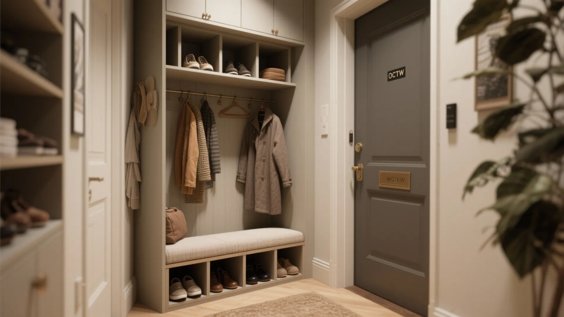 Entry nook with built-in coat storage, shoe cubbies, and a bench illustrating practical storage-first design.