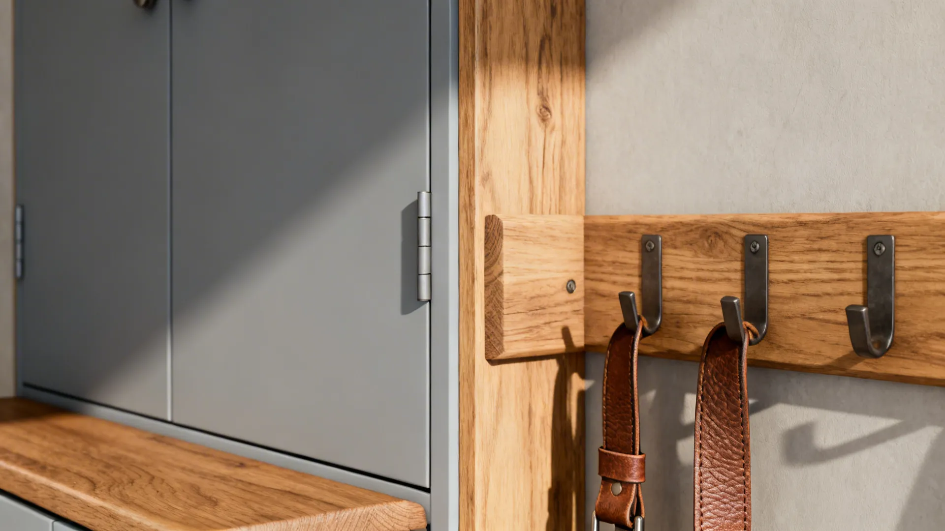 Macro detail of matte cabinet, soft-close hinge, and peg rail hook in a minimalist entry.