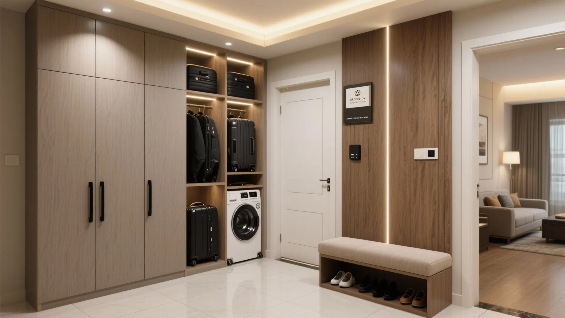 Elevated entry + storage wall that works like a hotel