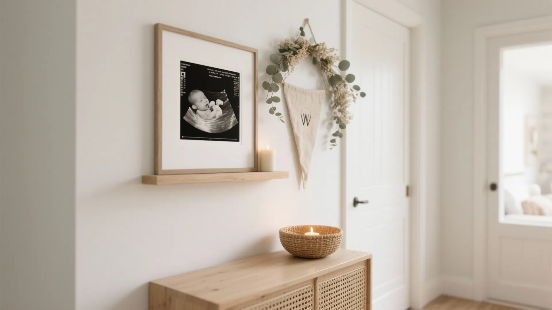 Entryway wall with baby ultrasound picture frame, wooden shelf, candle, small wreath, and storage cabinet