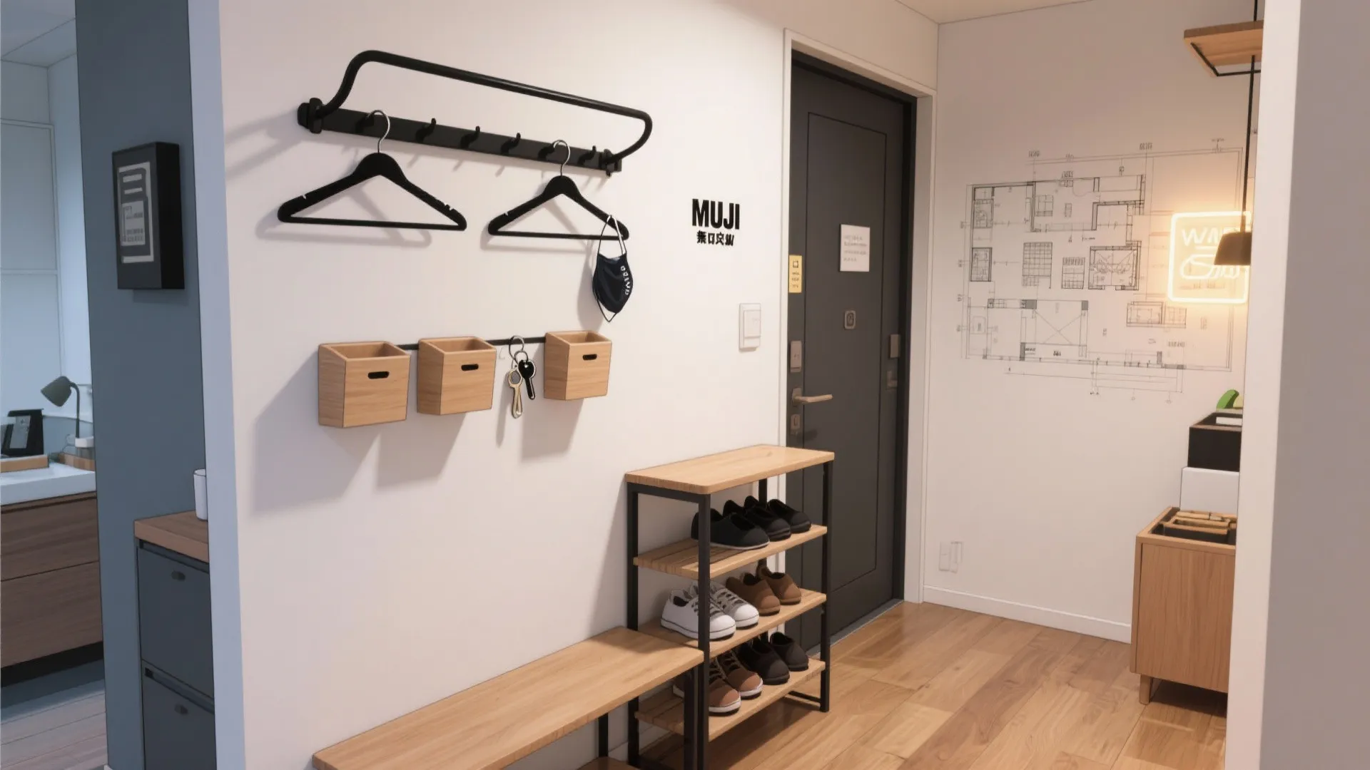 玄関は“出入りのタスク基地”：ハンガーバー＋浅箱で5分短縮