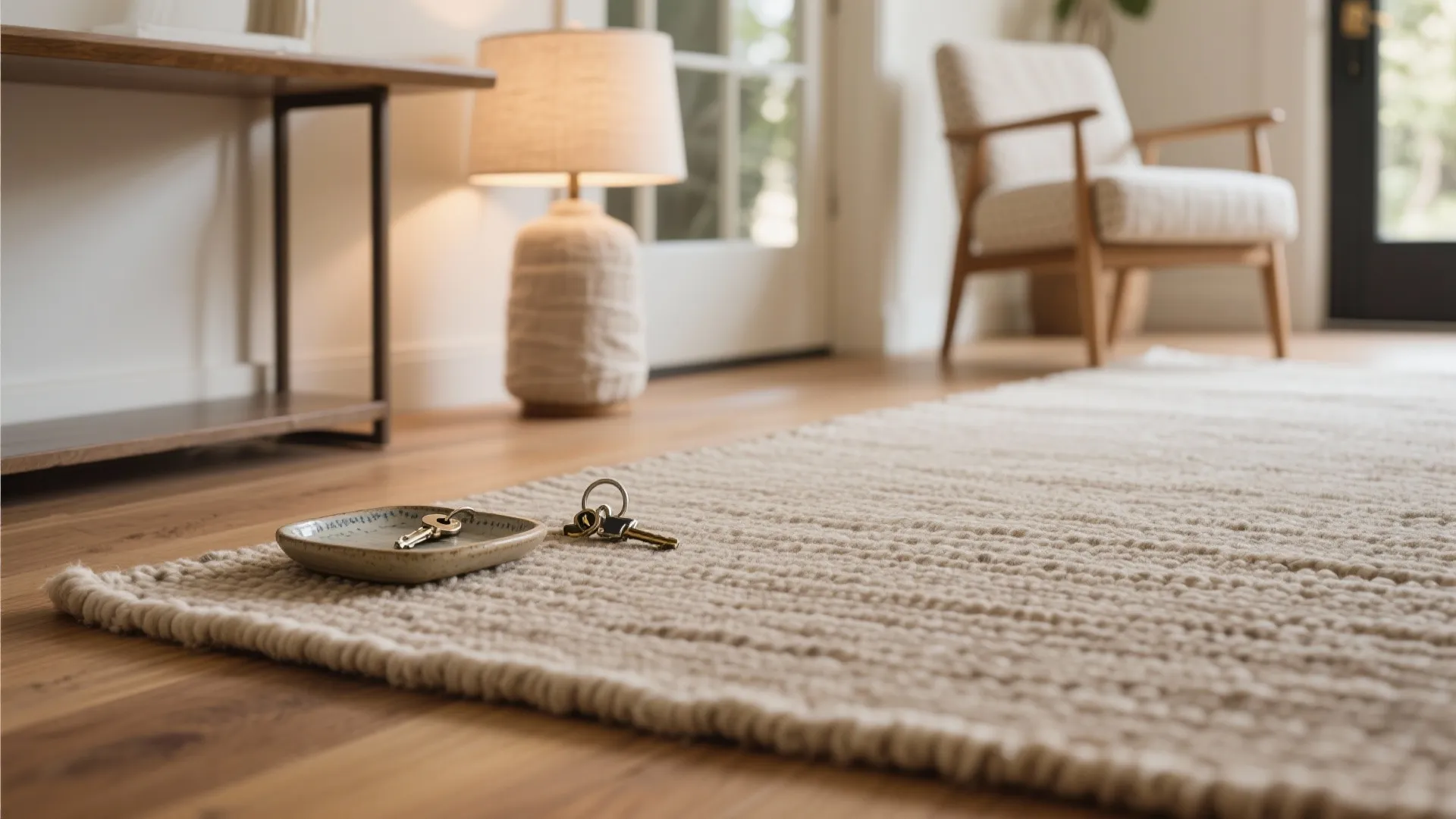 Keys on a small plate resting on a textured beige rug in a bright entryway