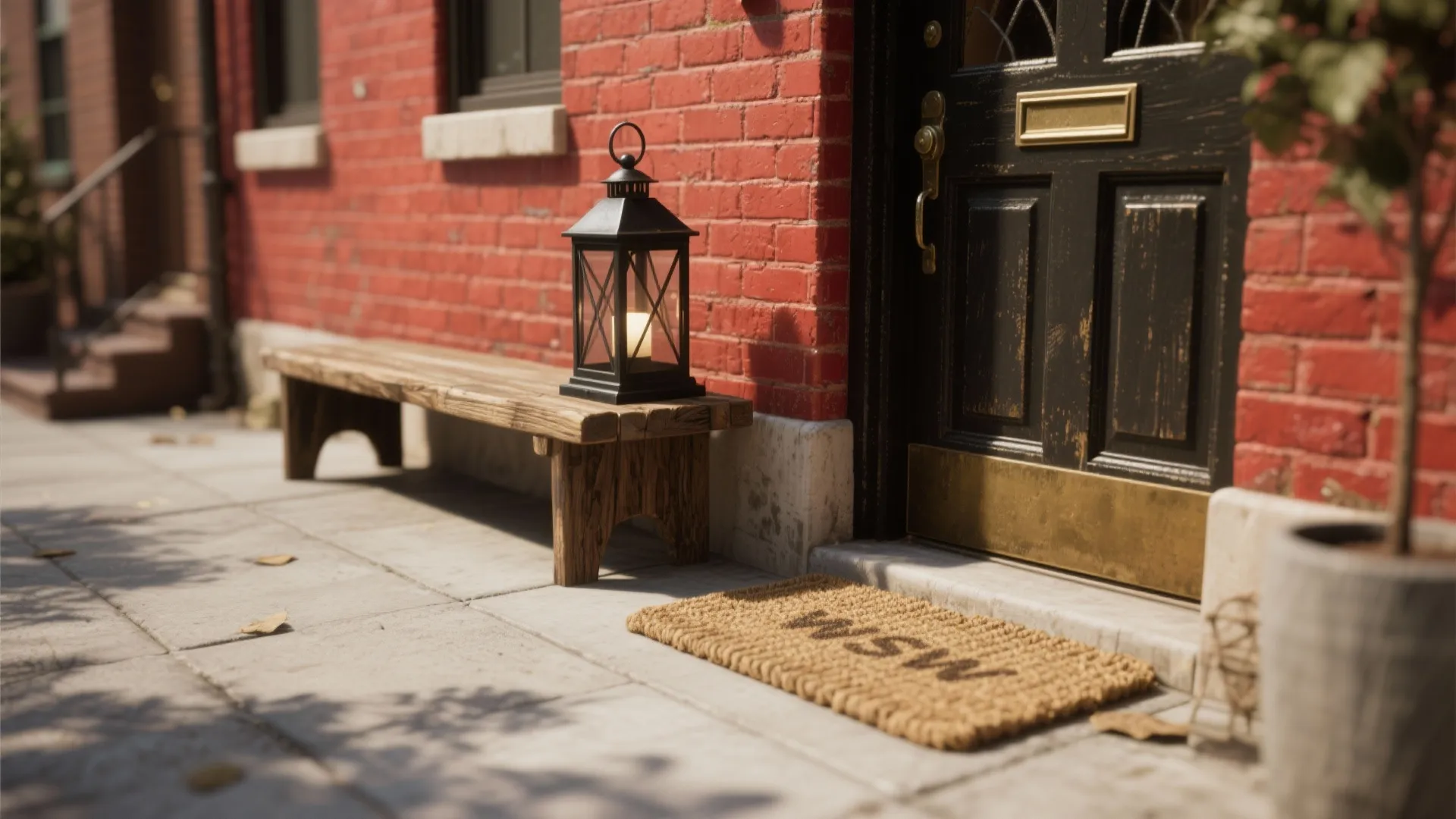 Black front door with wooden bench and light fixture sitting on a clean sidewalk area