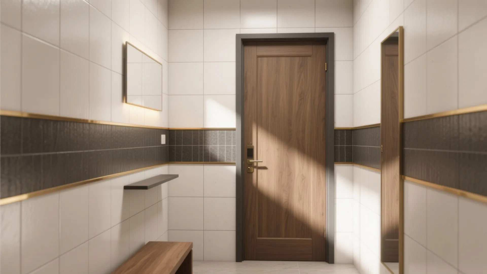 Modern hallway featuring white wall tiles, dark trim, a wooden door, and a wooden bench