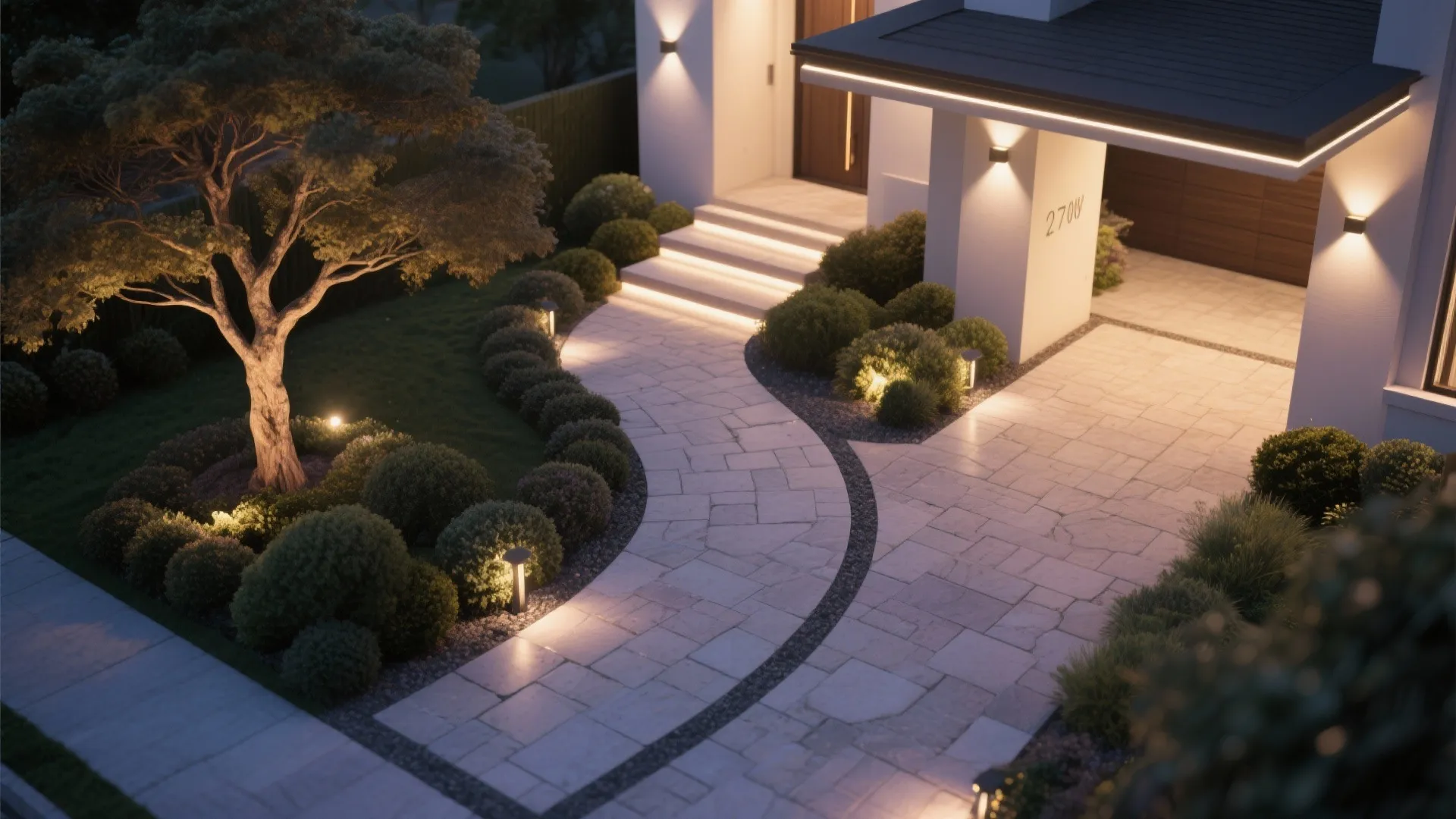 Sculpted entryway with landscape and lighting