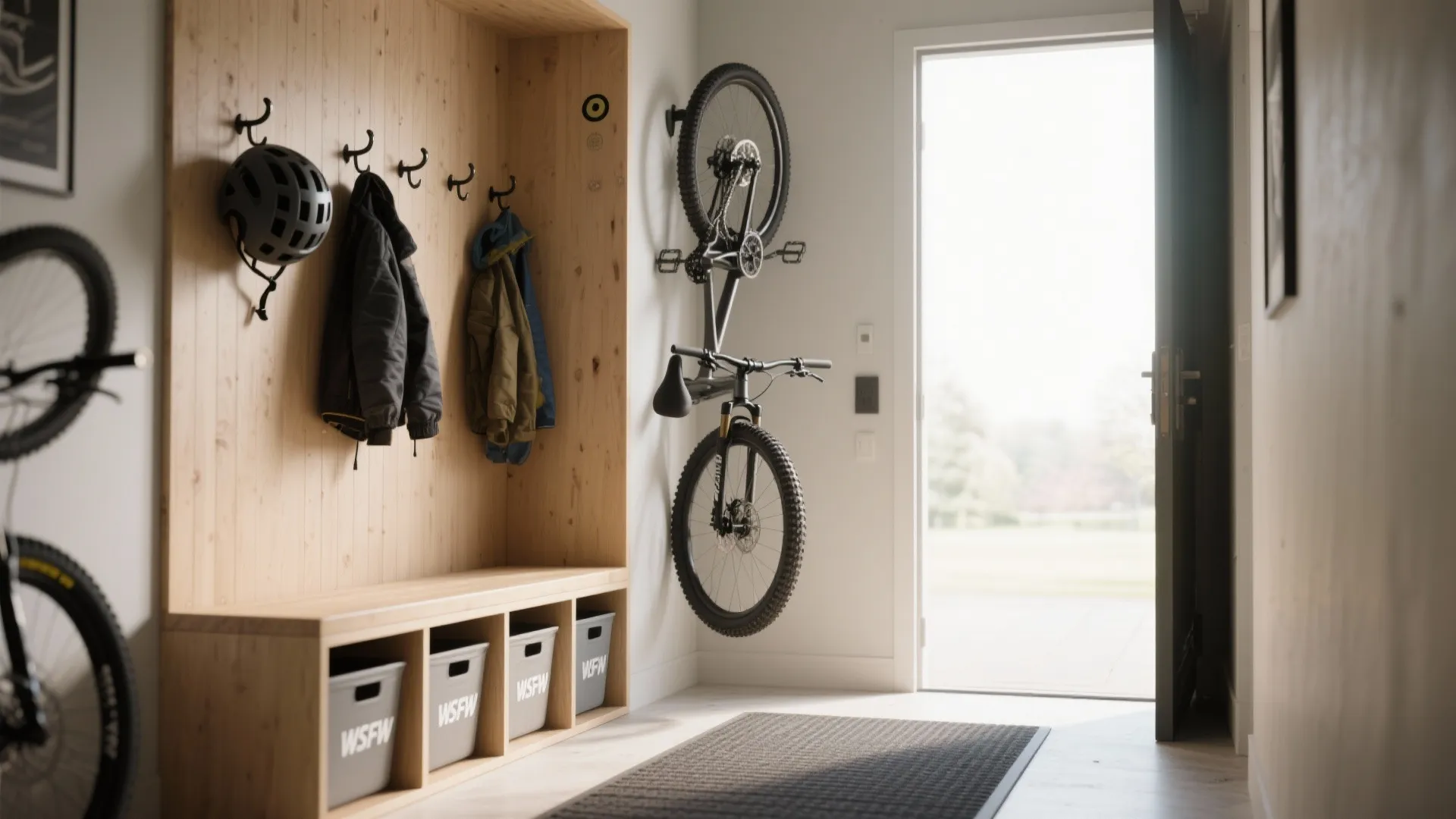 Wood wall panel entryway with vertical bike rack hanging coat hooks and storage bench bins