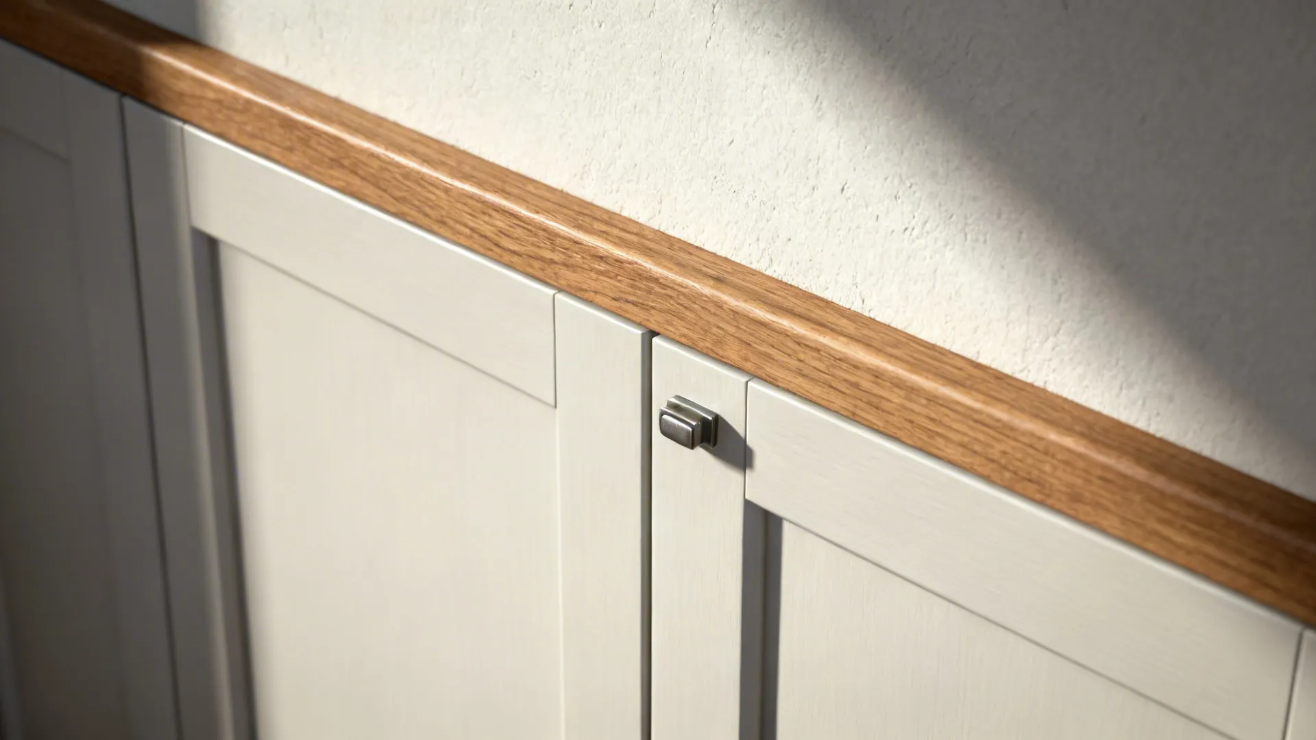 Macro of flush touch-latch door and tight trim at a kitchen entrance storage wall.