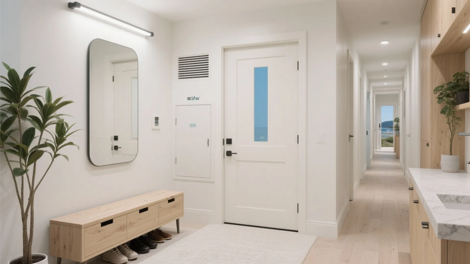 Modern white entryway featuring wooden shoe bench wall mirror and long hallway leading to windows