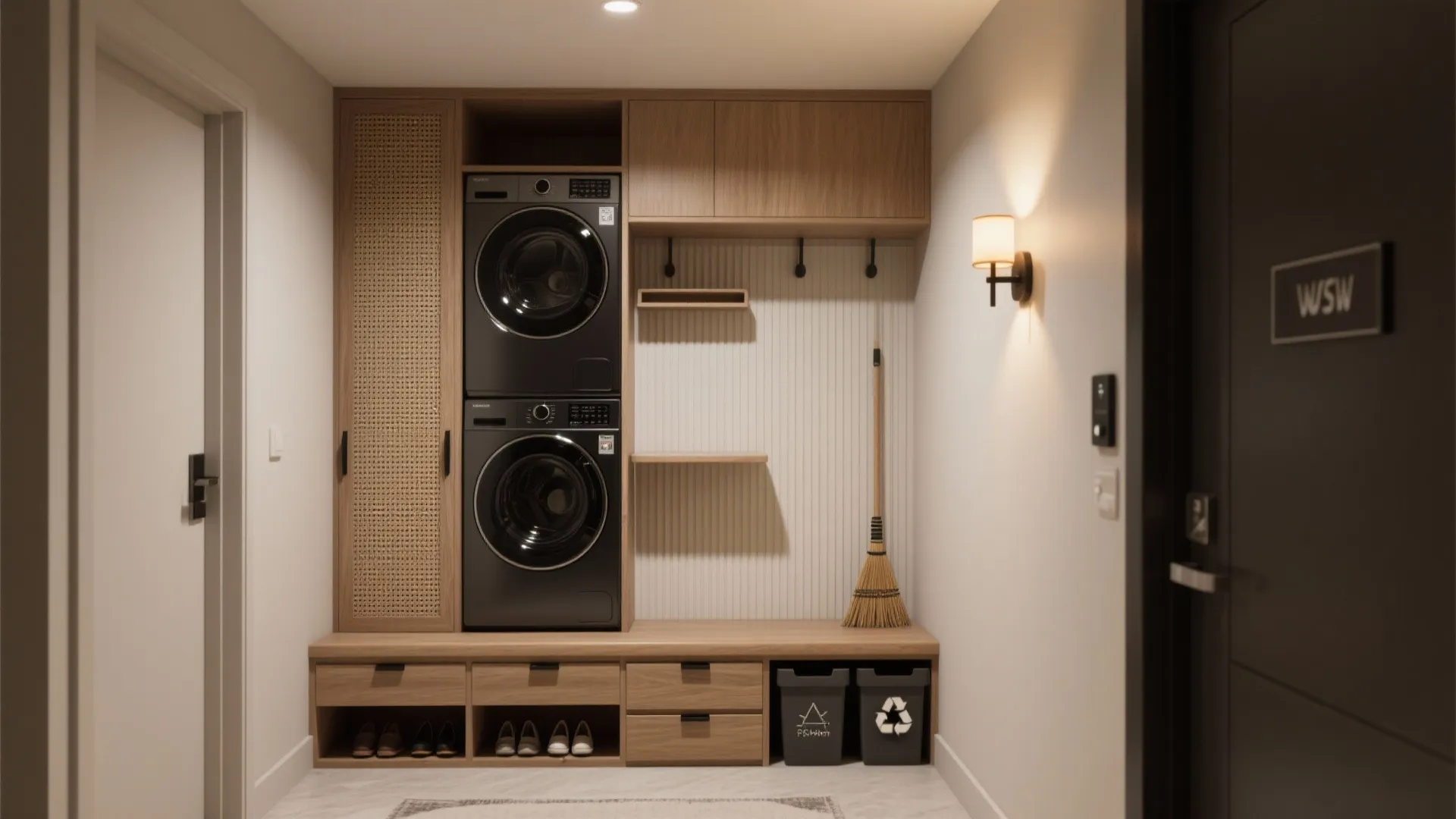Entryway + Utility Niche: Concealed Mud Bench and Laundry Wall