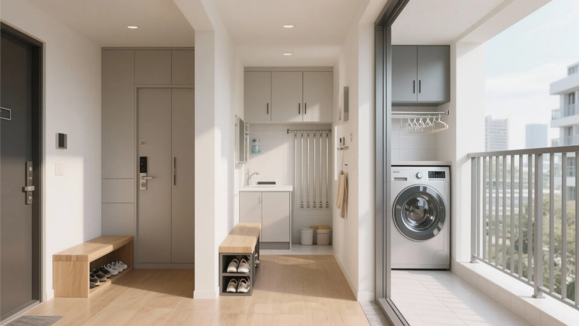 Smart storage in entry, utility, and balcony