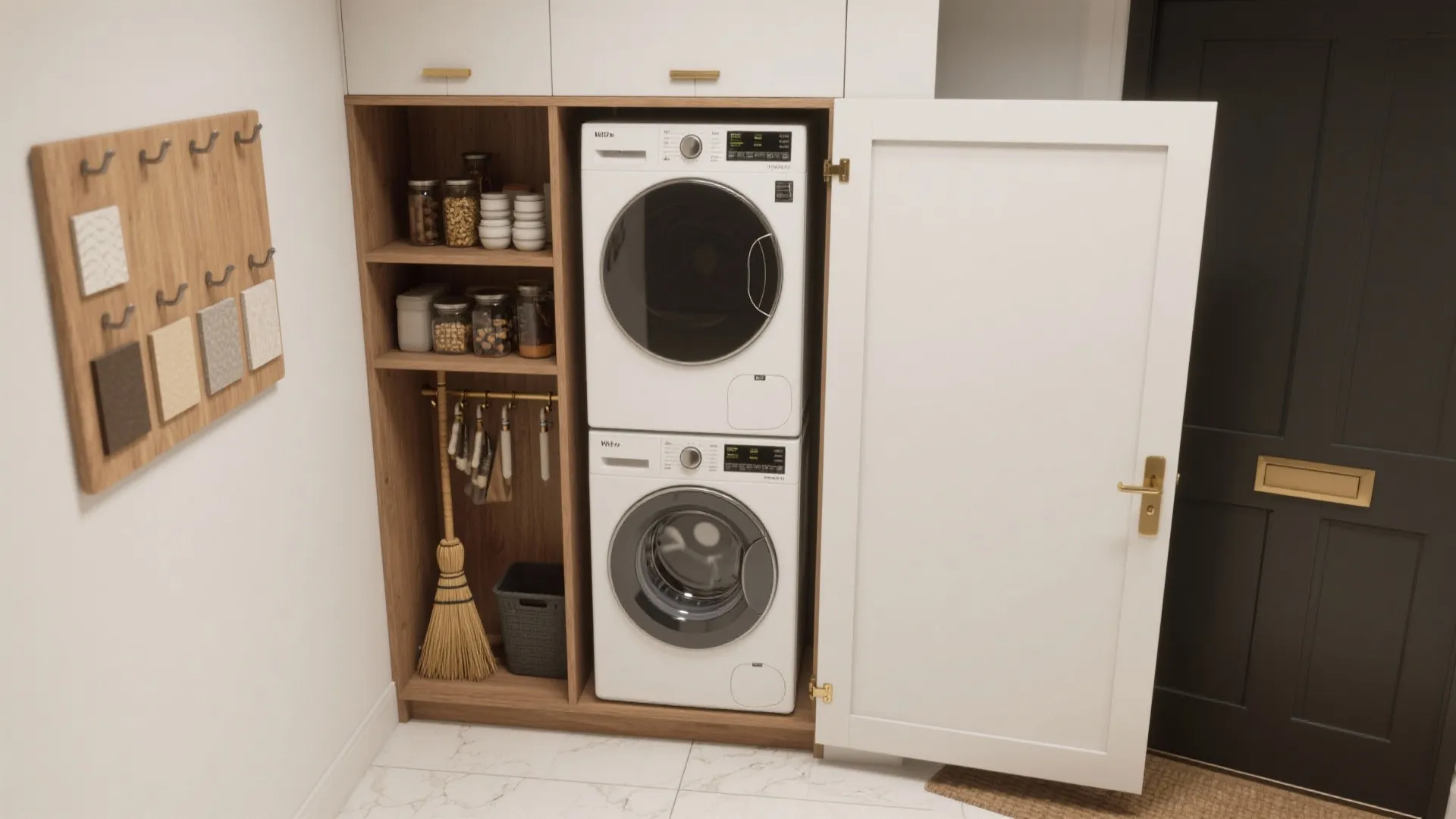Hidden laundry closet with stacked washing machine dryer wooden shelves cleaning tools and white cabinet door