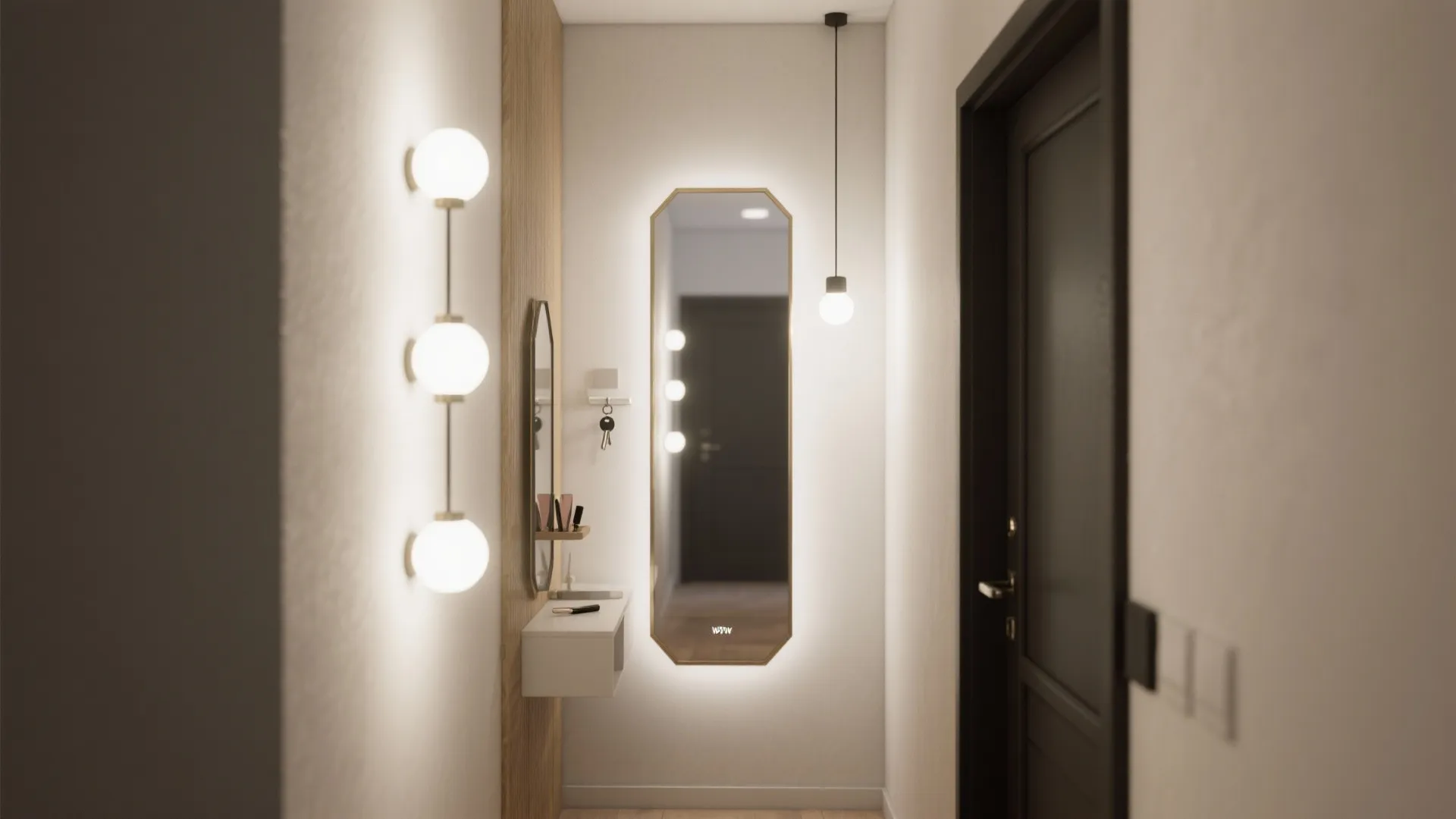 Slim vertical column of hexagon wall lights beside a mirror brightens a micro-entry.