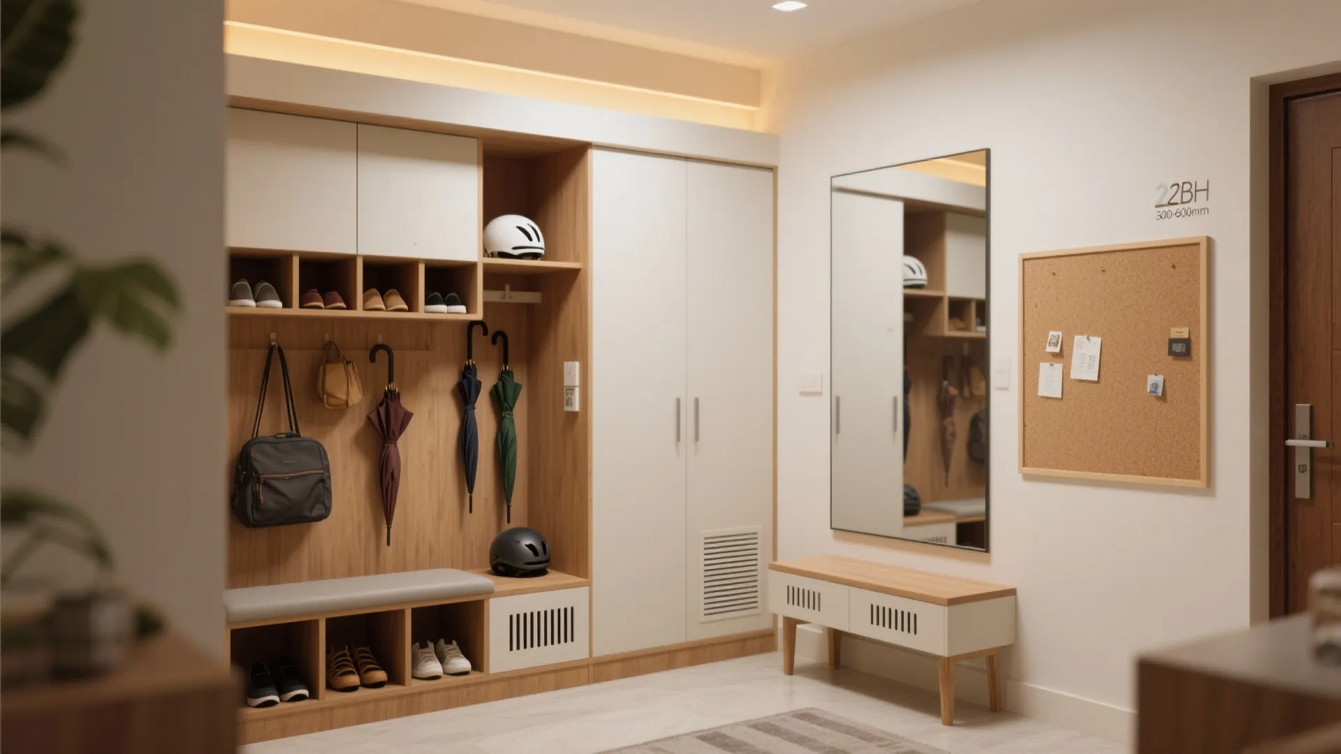 Entryway mudroom with wooden shoe cabinet storage bench wall mirror and cork board for notes