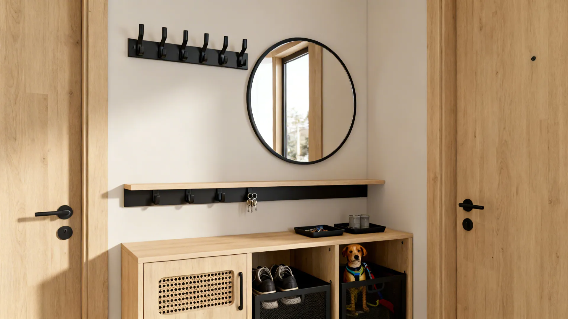 Slim entry console with hooks, round mirror, and shallow vented shoe cabinets in a tidy small hallway.