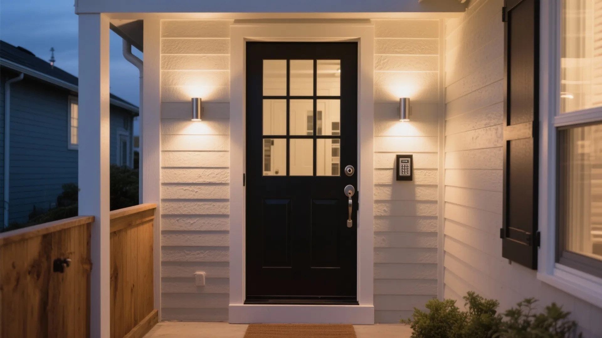 Black front door with window panels flanked by two warm wall lights on white wood walls