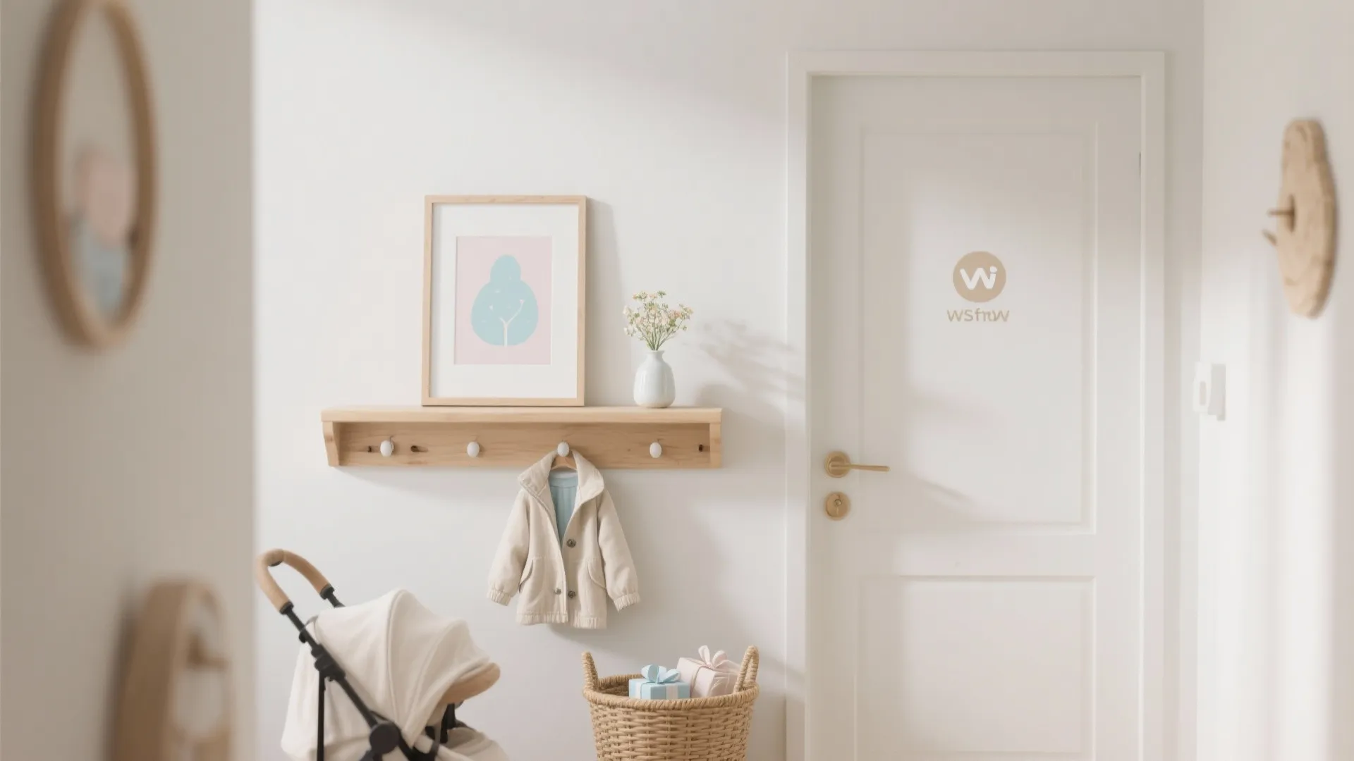 Narrow entry vignette with slim shelf, small pastel frame, micro vase, hooks, and a gift basket.