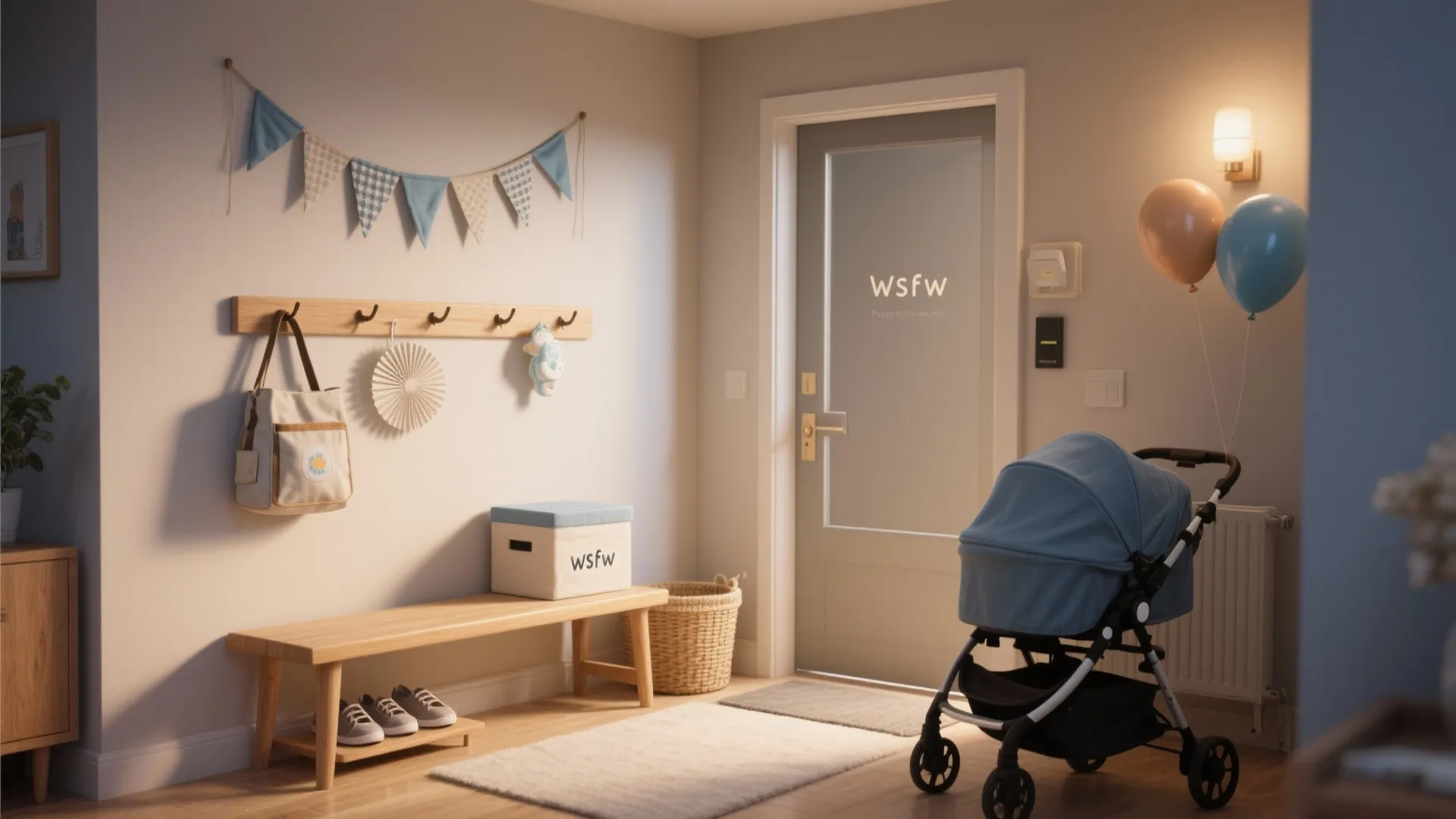 Entryway with wooden bench wall hooks blue stroller balloons and a glass door with warm lighting