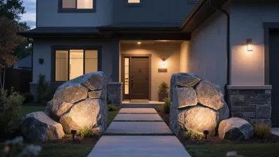 Modern Home Entrance with Natural Stone and Warm Lighting