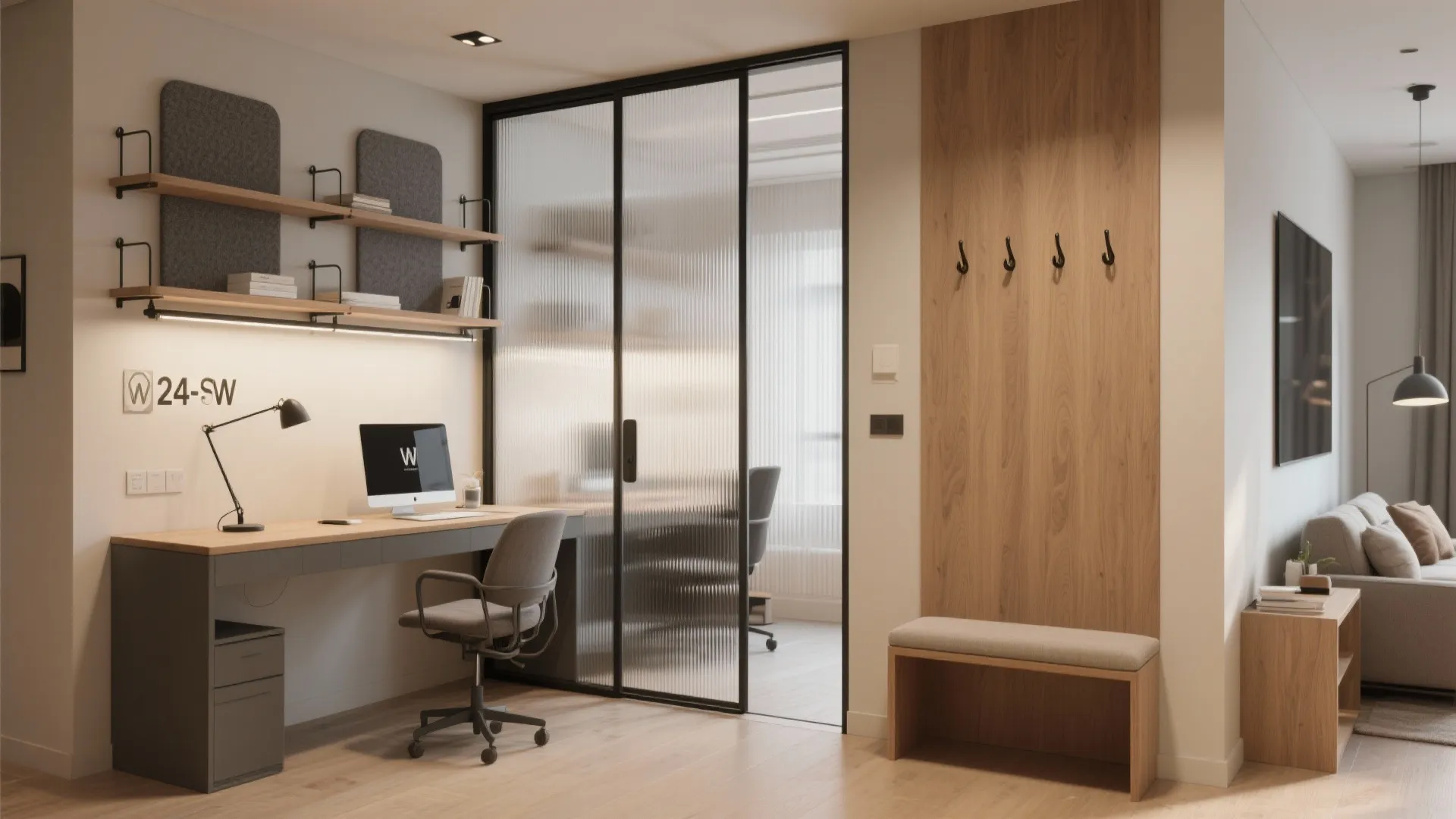 5) Entry and multipurpose zone: sliding partitions and a work nook