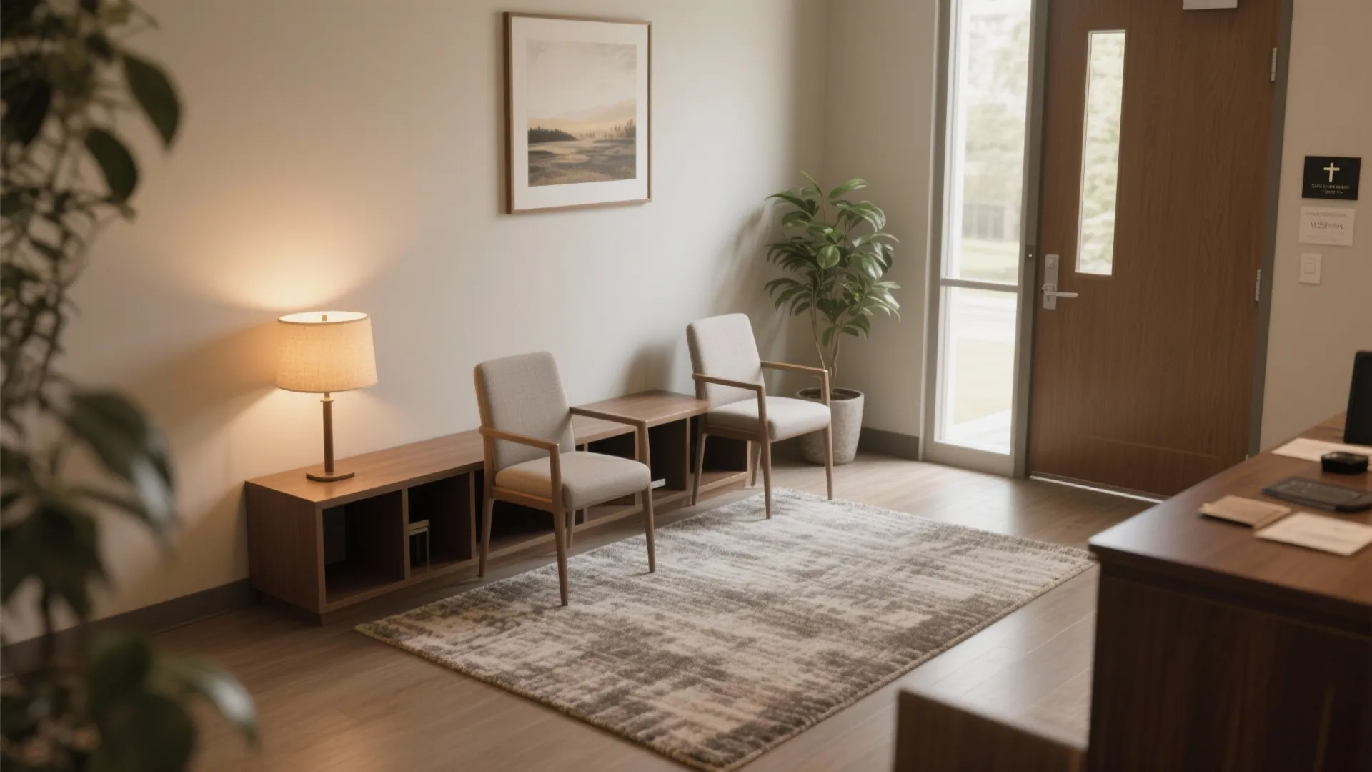 Entry waiting area with two armchairs and a table on a rug near the door
