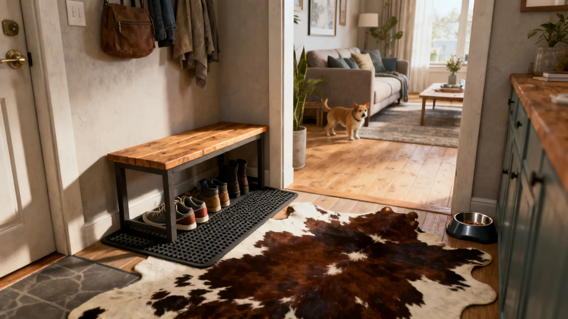 Open-plan entry area separated by a cowhide rug under a bench, defining a multifunctional zone.