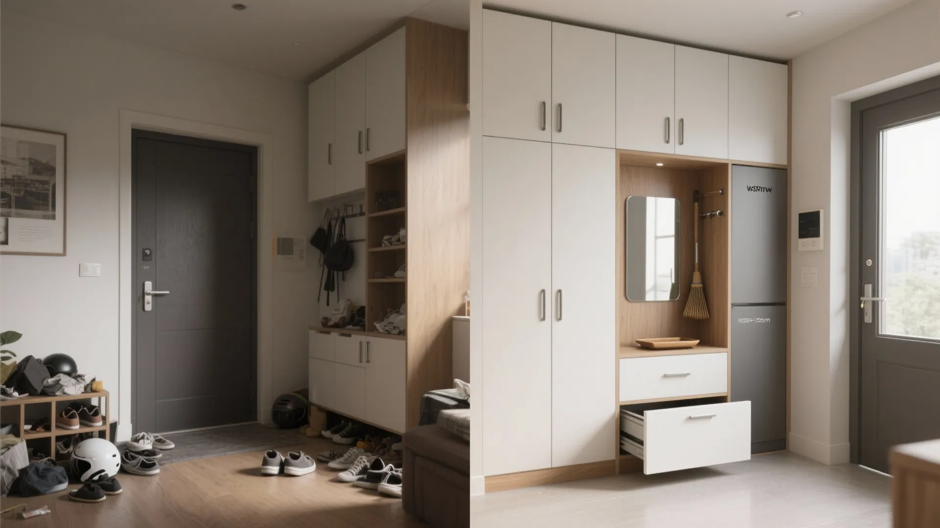 Entryway and a Tall Storage Wall That Eats Clutter