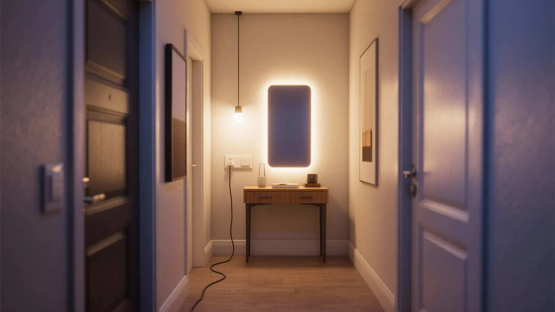 Narrow hallway with small wooden table back lighted wall mirror and simple hanging light fixture