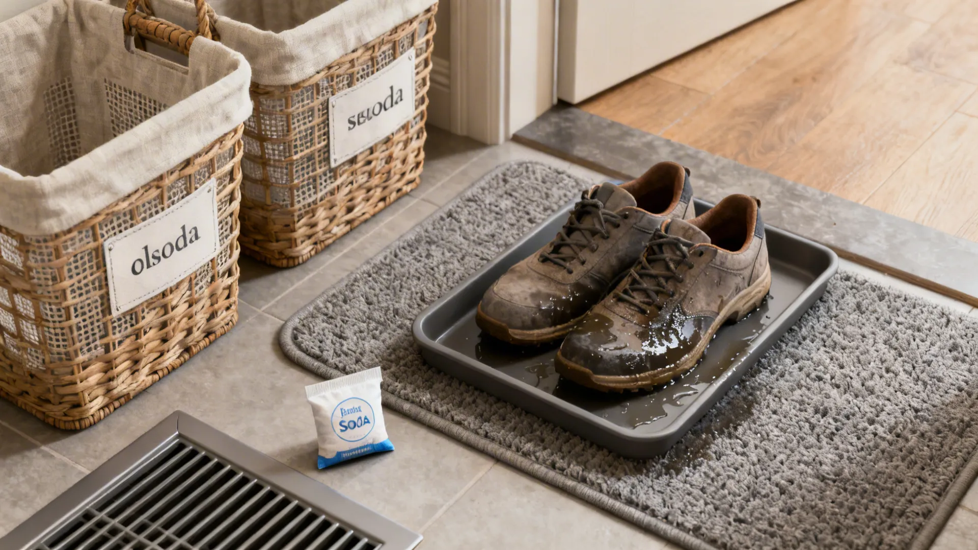 Entryway accessories including labeled baskets, washable mat, and baking soda sachet for odor control.