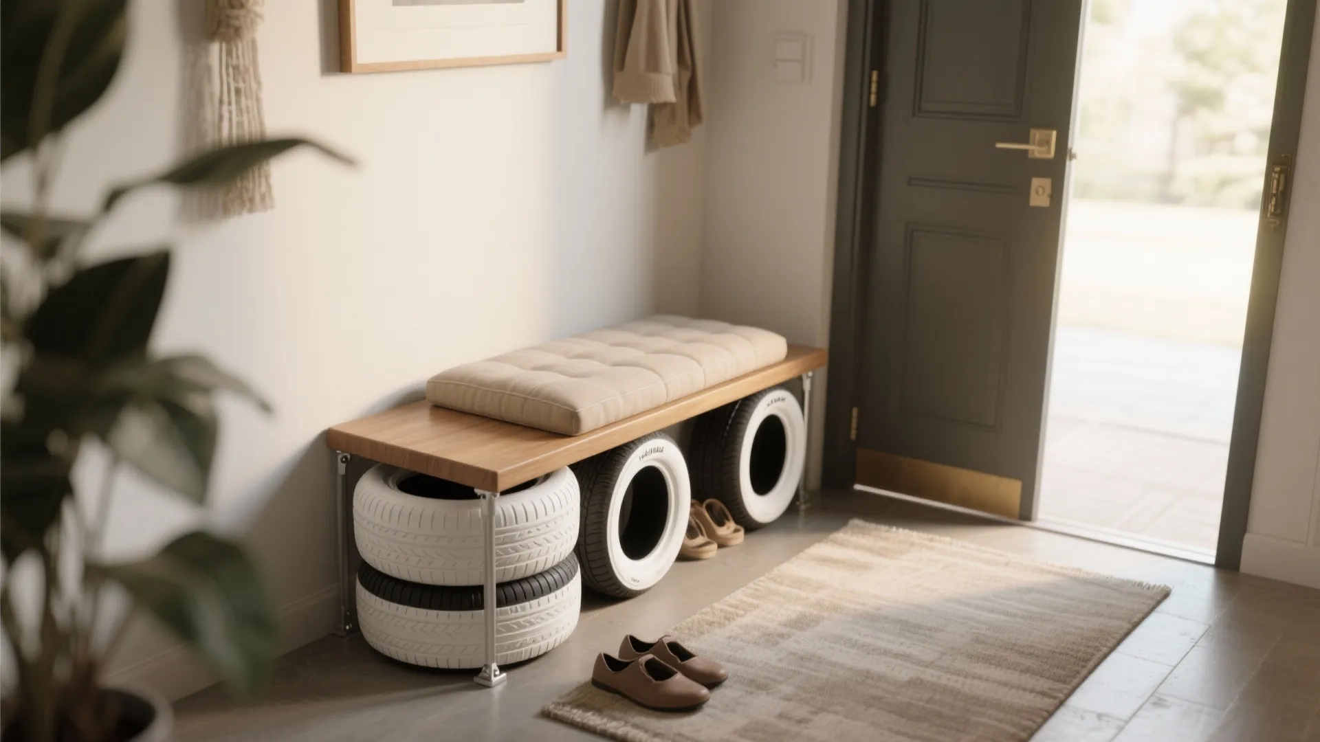 Wooden entryway bench with tan cushion supported by white painted tires next to grey door