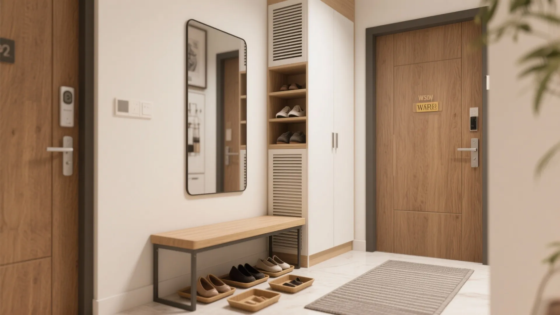 Smart Entryway: Bench, Tall Mirror, and Concealed Shoe Cabinet