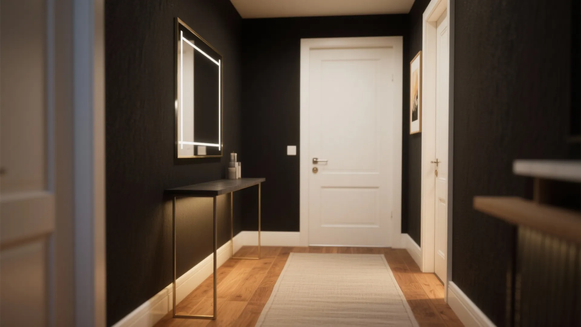 Modern hallway with black walls white door wood floor long table mirror and light rug
