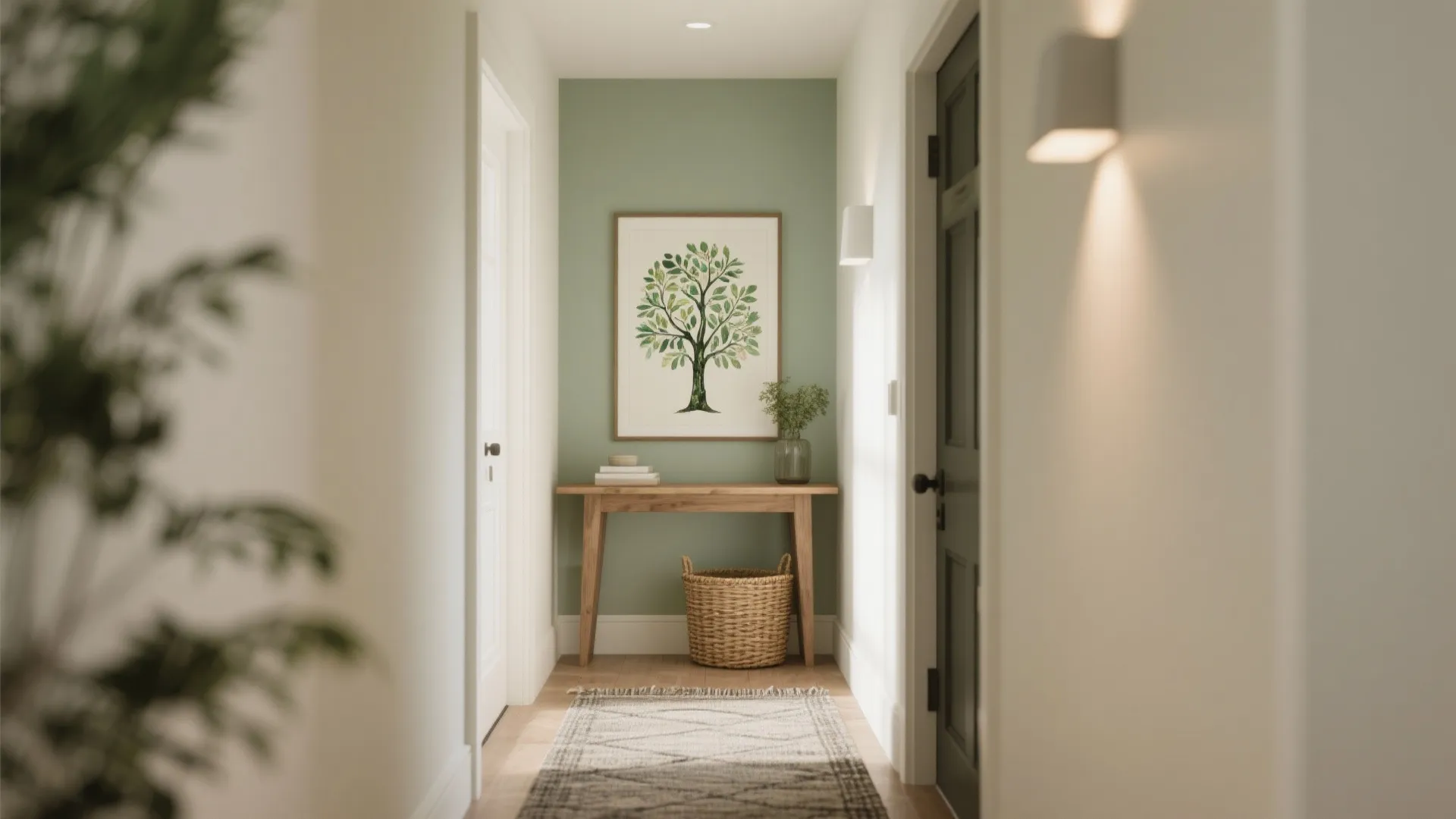 1. Make the painted-tree motif subtle at the entry