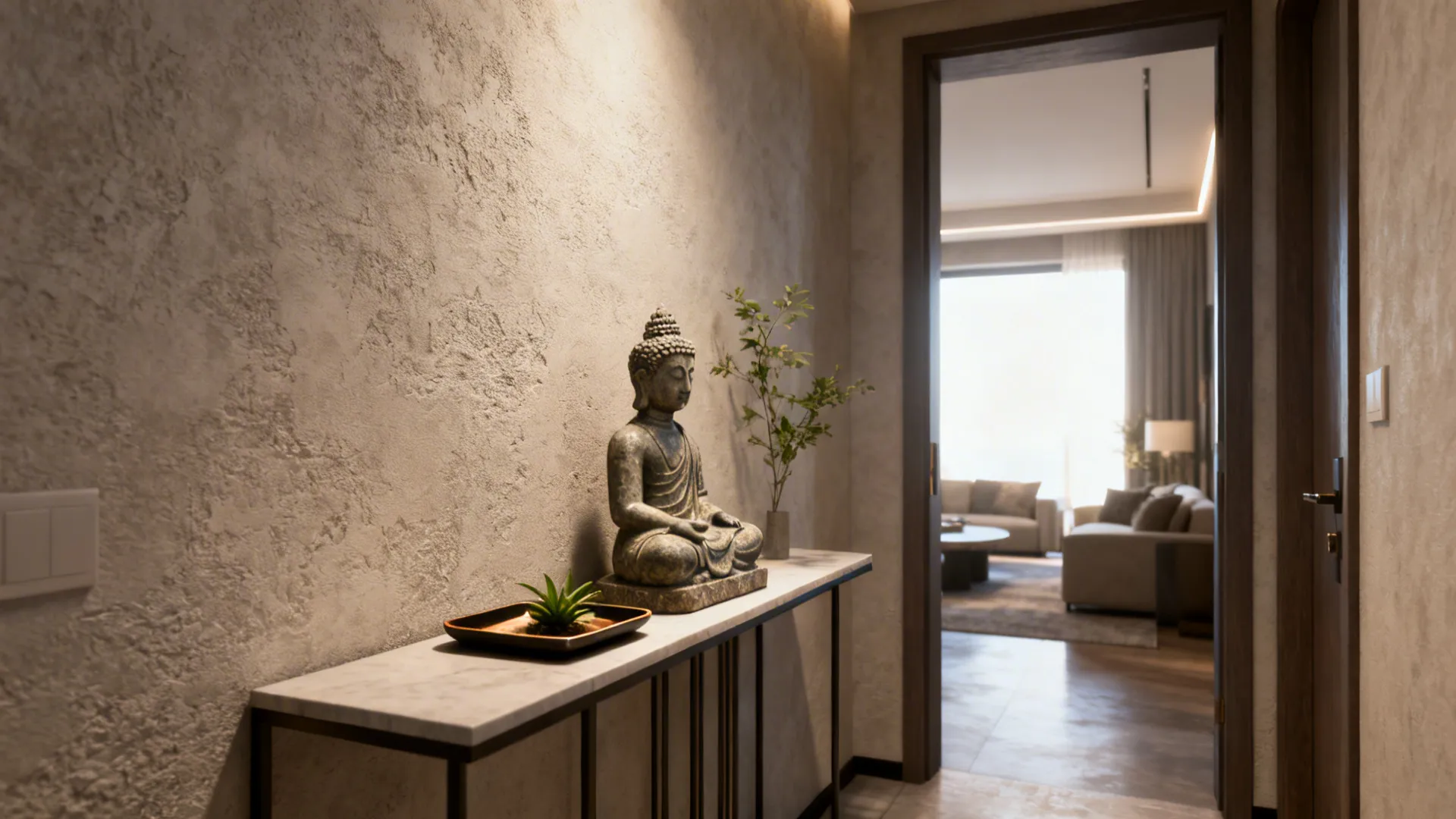 Slim entry console featuring a Buddha statue setting a peaceful tone