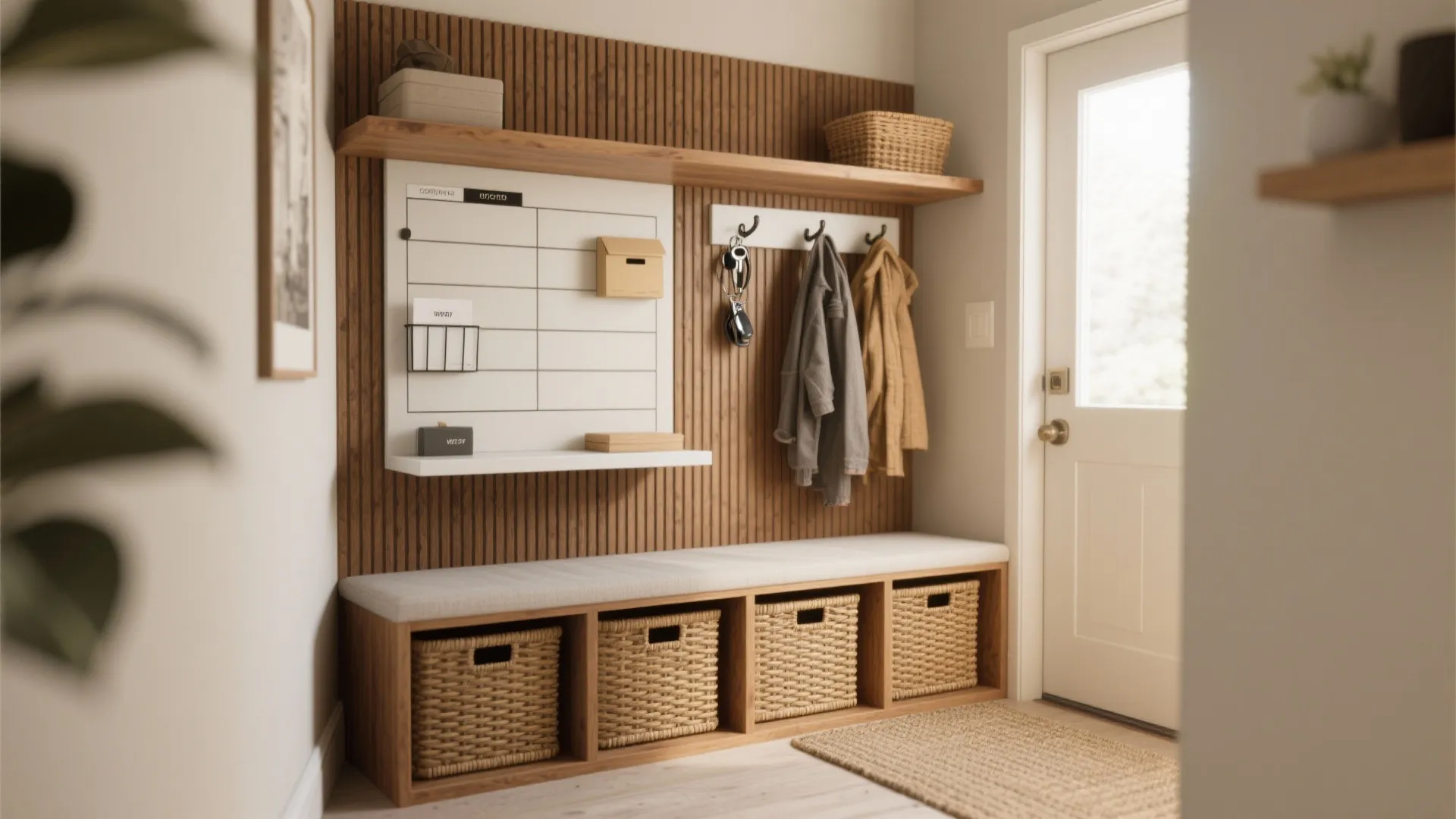 Entryway with wooden wall panels, storage bench, woven baskets, coat hooks, and a white door