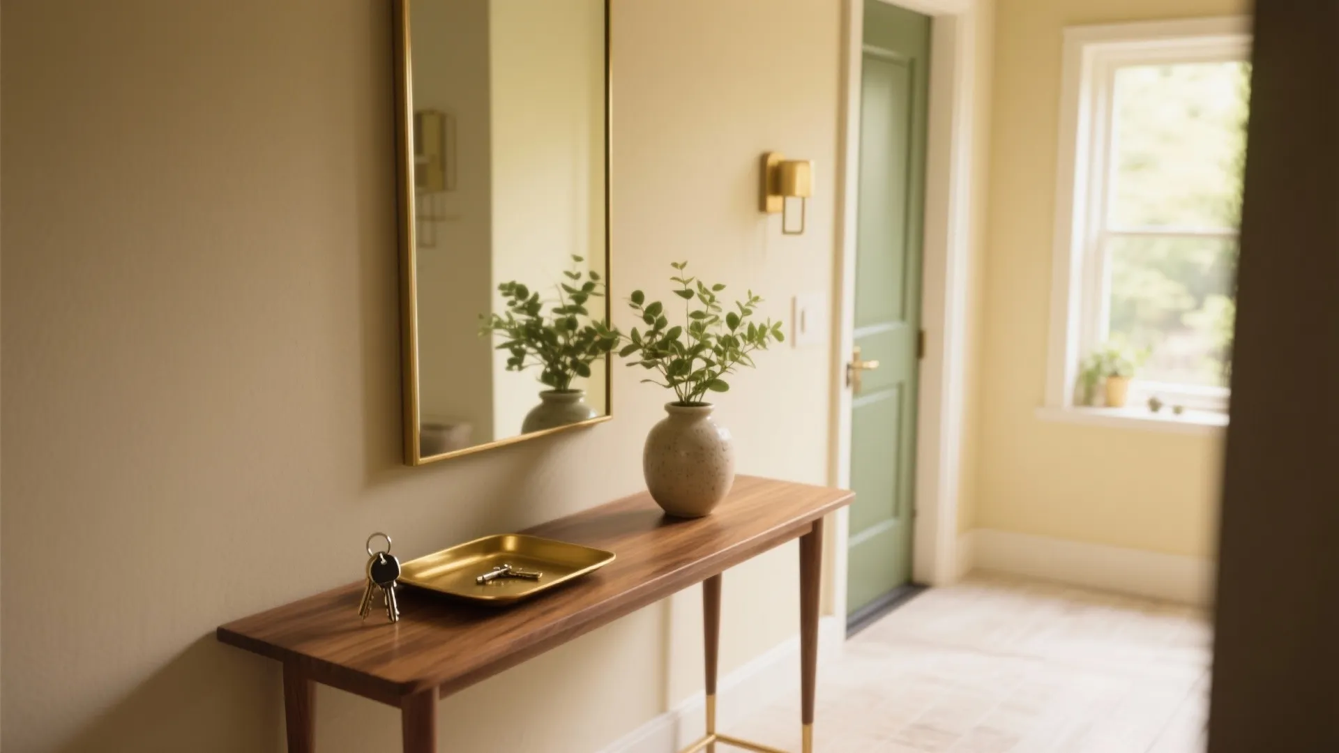 Minimalist entryway with wooden console table, gold mirror, green plant, keys, and a wall light