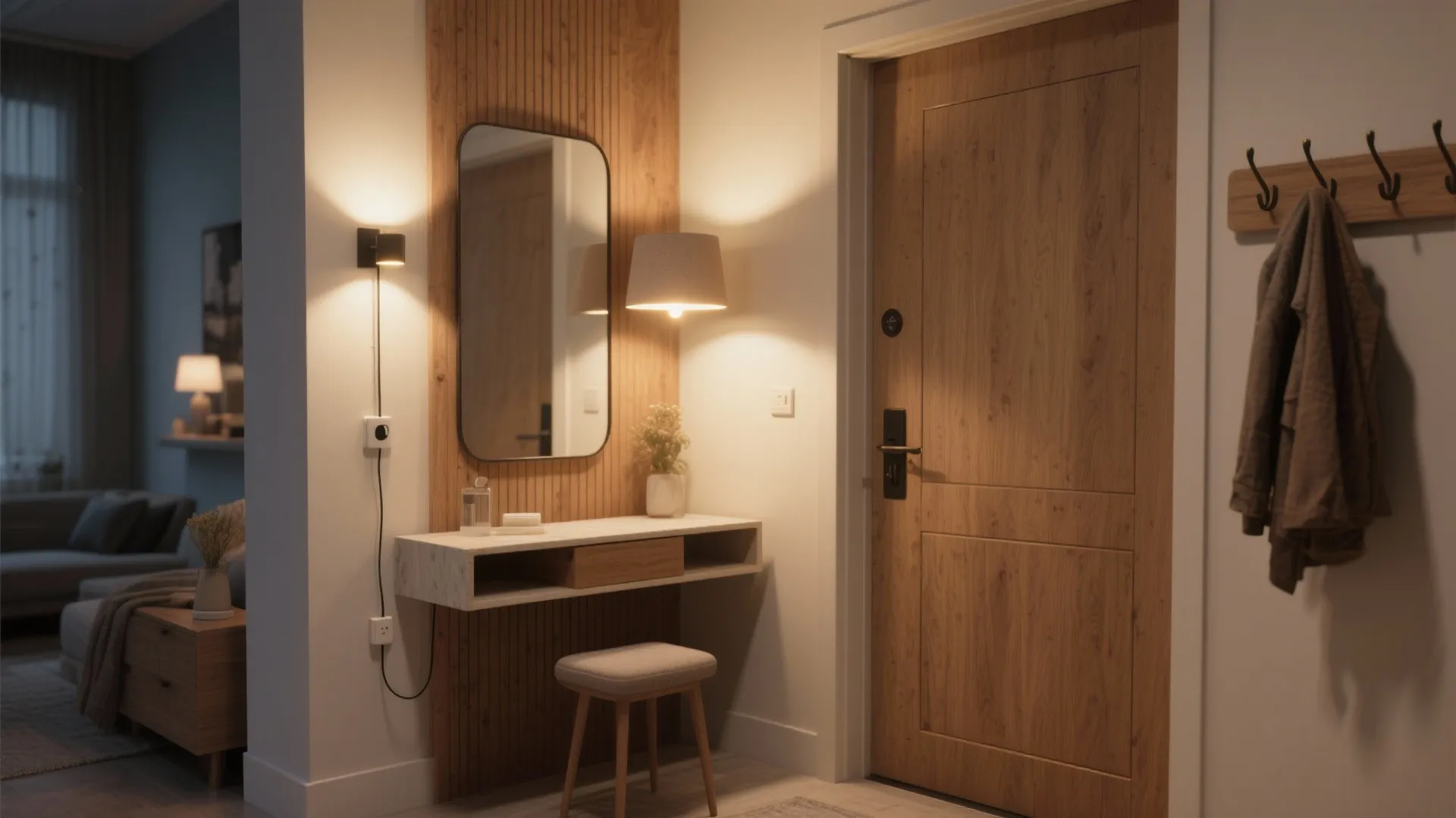 Small entryway warmed by a dimmable plug-in wall lamp over a console table and mirror