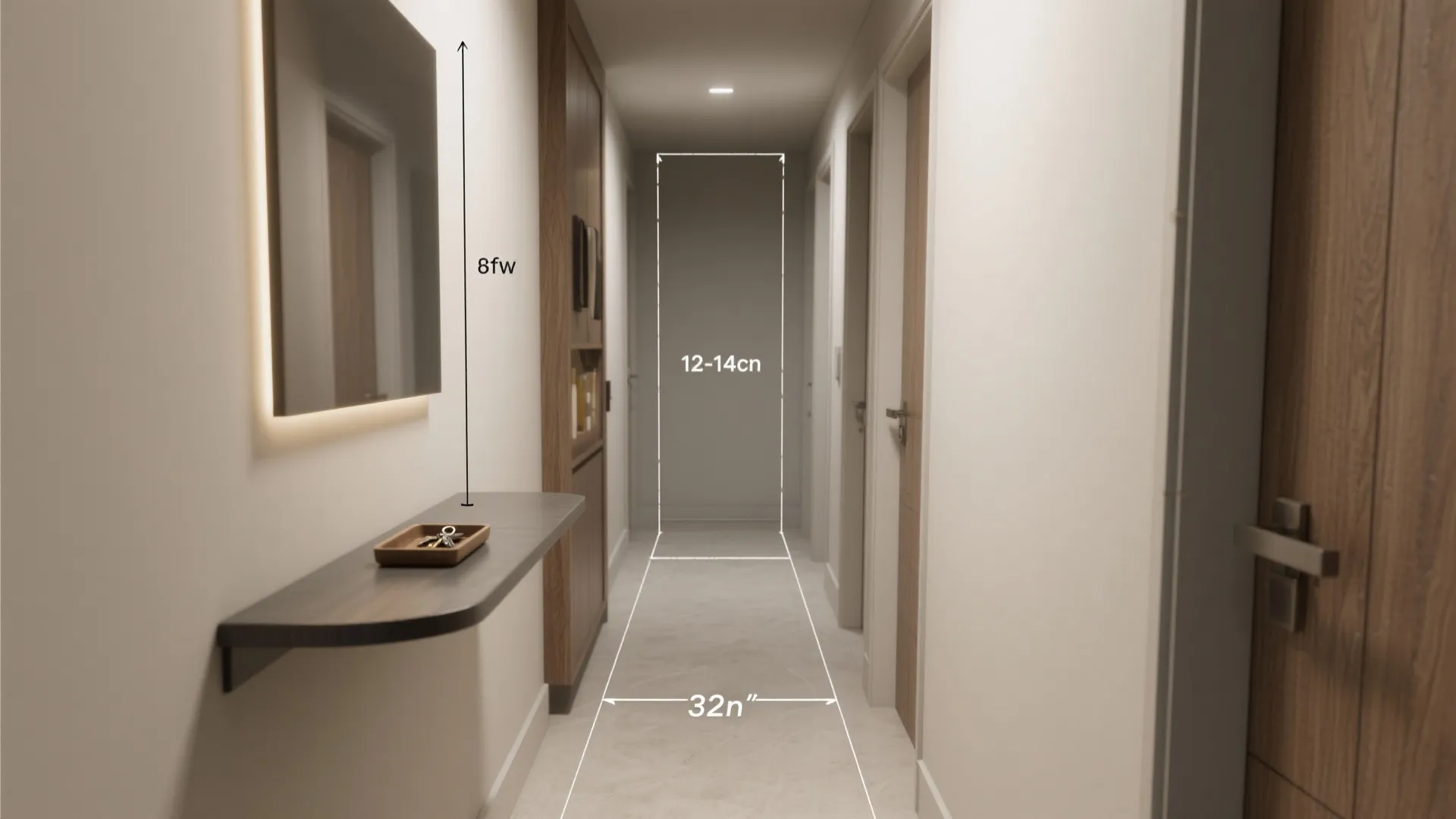 Interior design drawing showing hallway dimensions with mirror wall shelf and wooden cabinet for storage