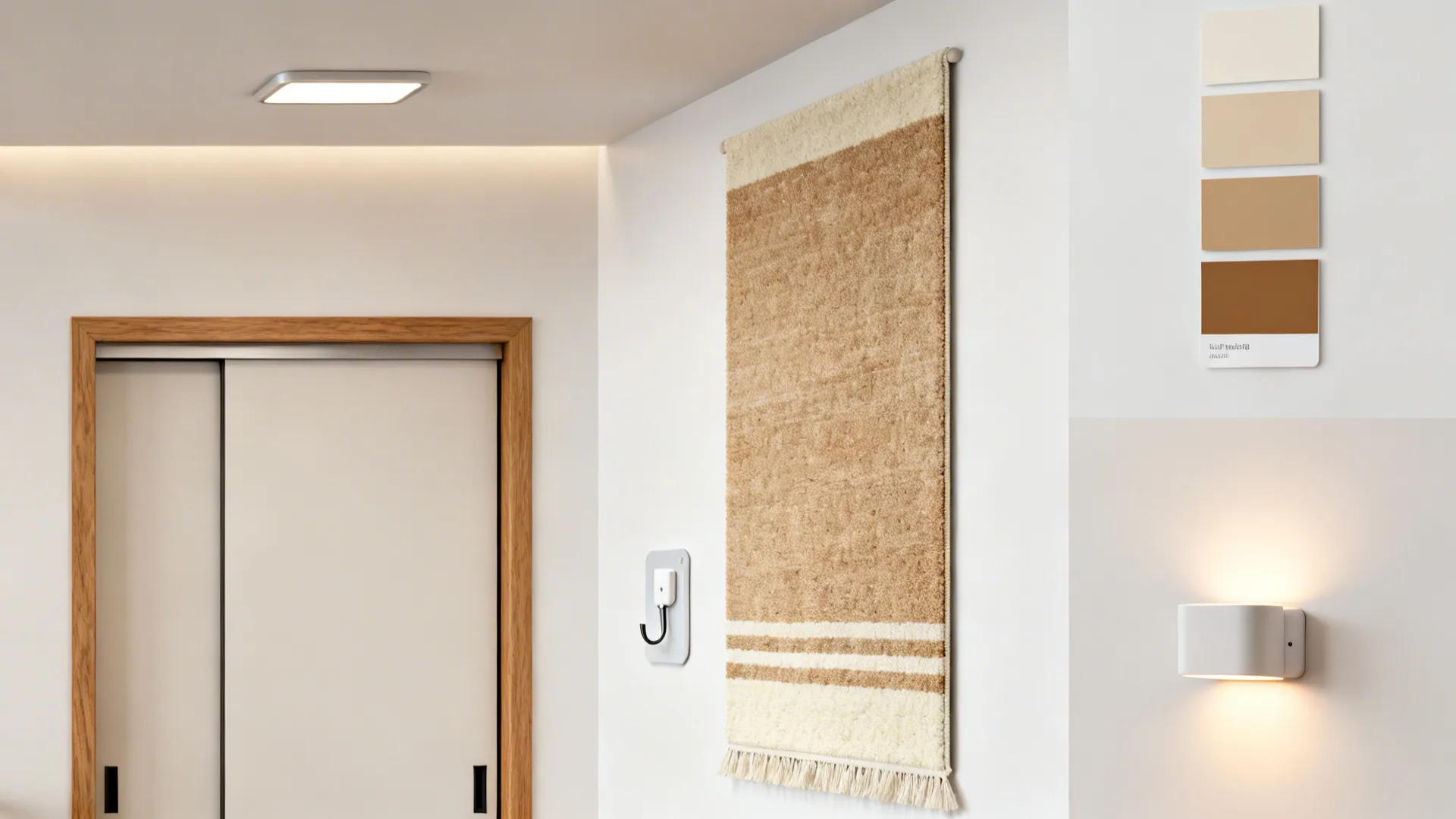 Collection of entryway detail shots including paint swatches, runner, hooks and lighting examples