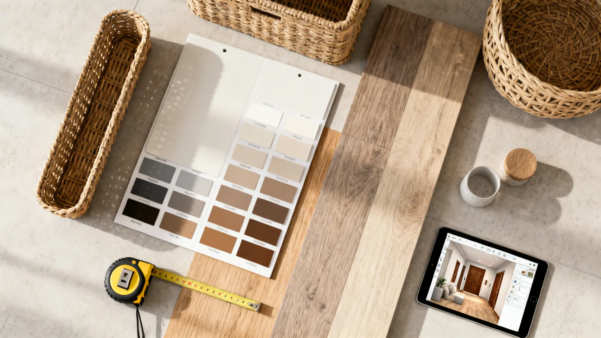 Flatlay of baskets, paint swatches, material samples and a tablet showing a 3D planner for entryway layout planning.