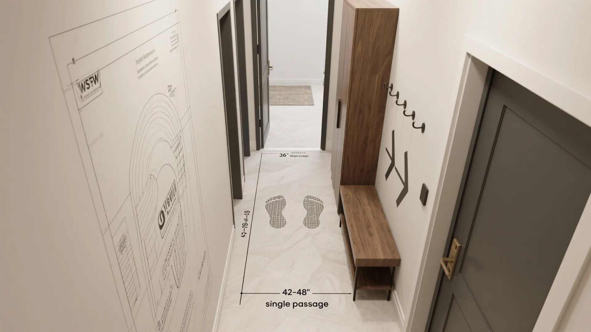 Narrow entryway interior design drawing showing hallway dimensions with wooden cabinet and grey door frame